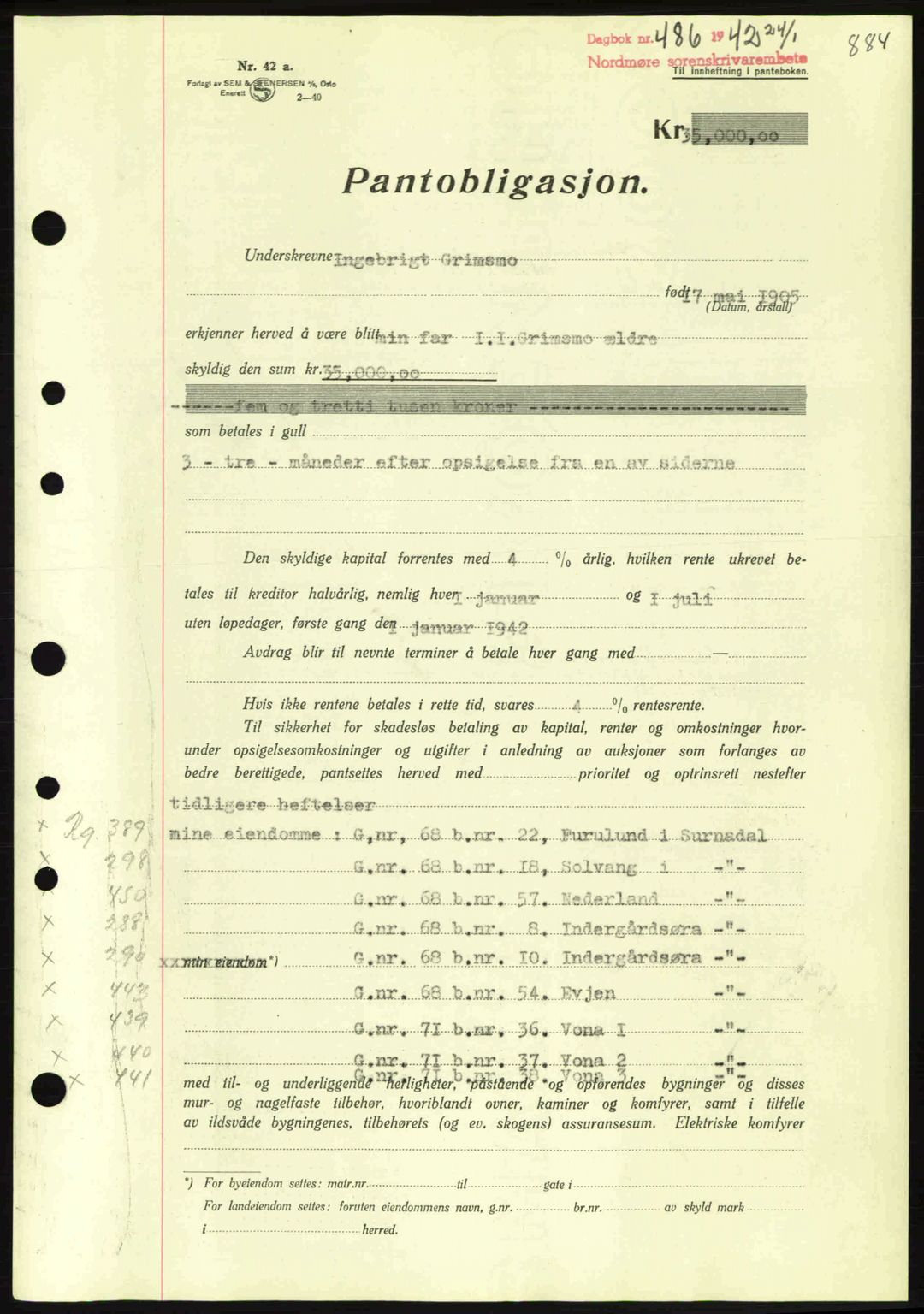 Nordmøre sorenskriveri, SAT/A-4132/1/2/2Ca: Pantebok nr. B88, 1941-1942, Dagboknr: 486/1942