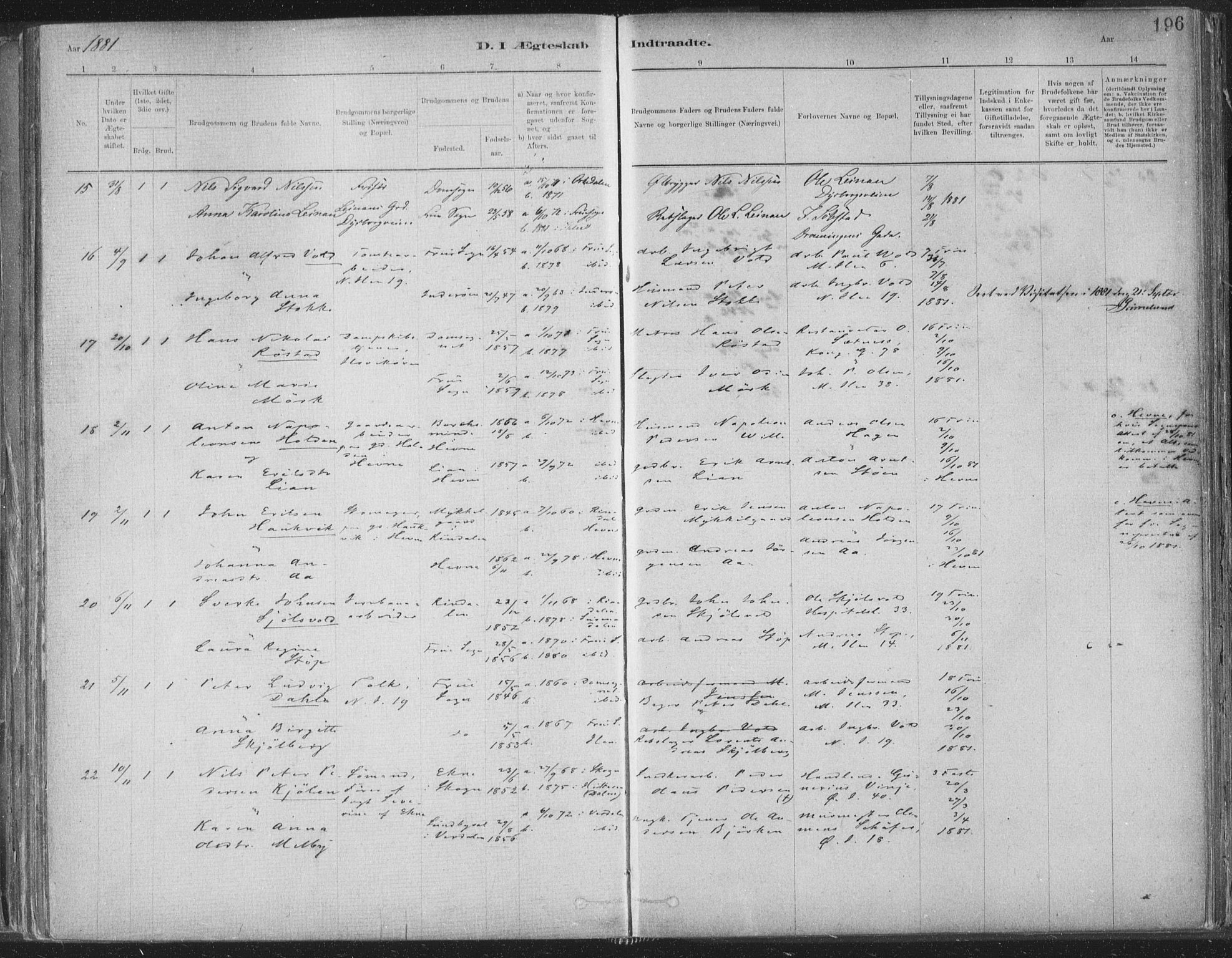 Ministerialprotokoller, klokkerbøker og fødselsregistre - Sør-Trøndelag, AV/SAT-A-1456/603/L0162: Ministerialbok nr. 603A01, 1879-1895, s. 196