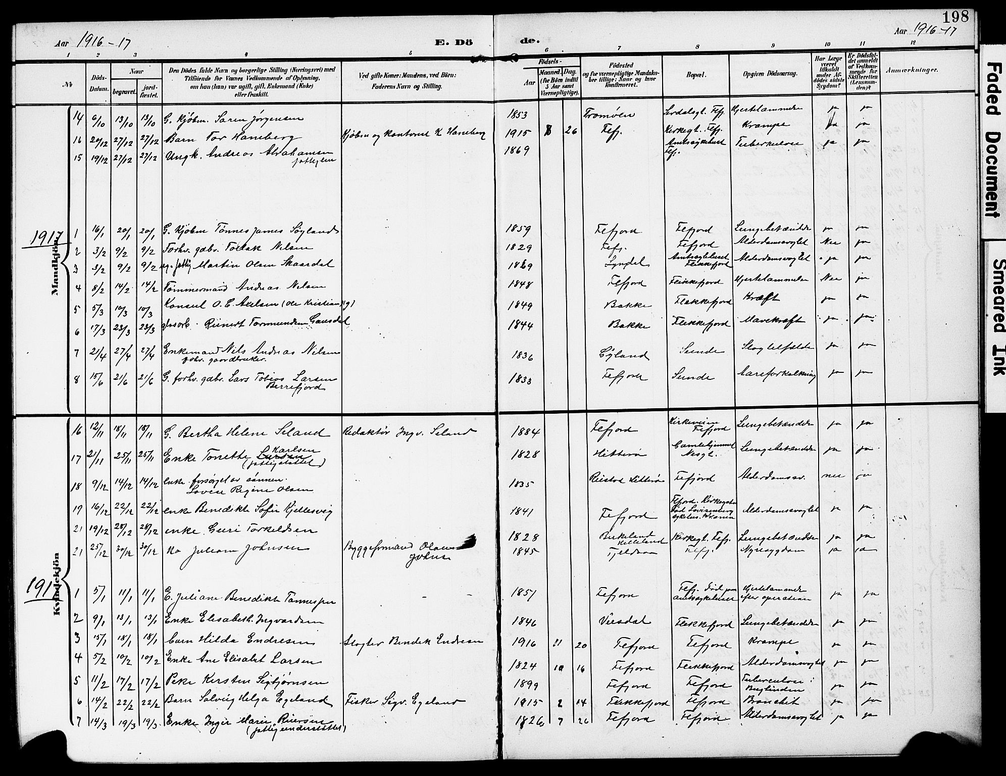 Flekkefjord sokneprestkontor, SAK/1111-0012/F/Fb/Fba/L0001: Klokkerbok nr. B 1, 1903-1931, s. 198