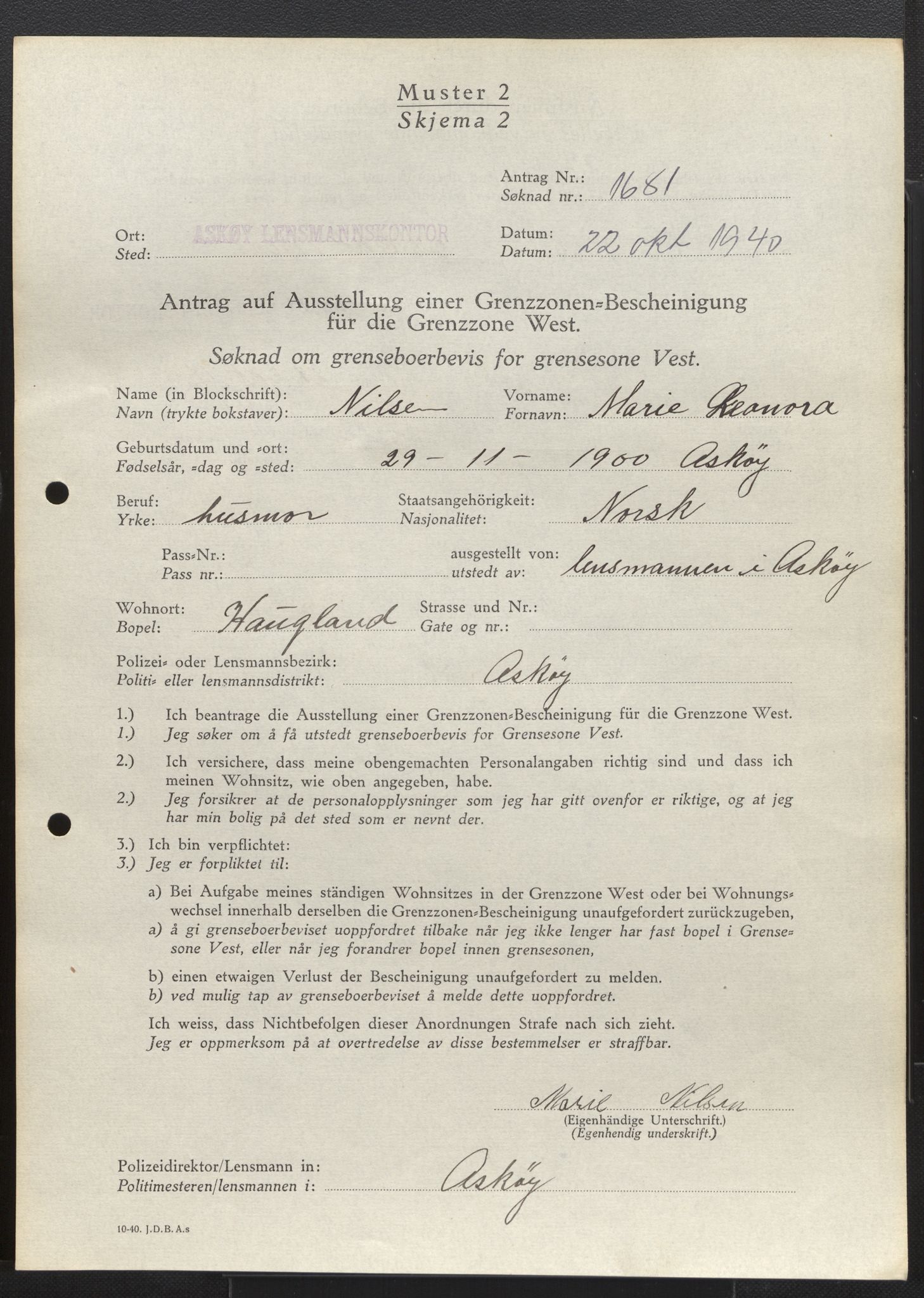 Lensmannen i Askøy, AV/SAB-A-31001/0026/L0006: Søknader om grensebuarbevis 1276 - 1700, 1940, s. 814