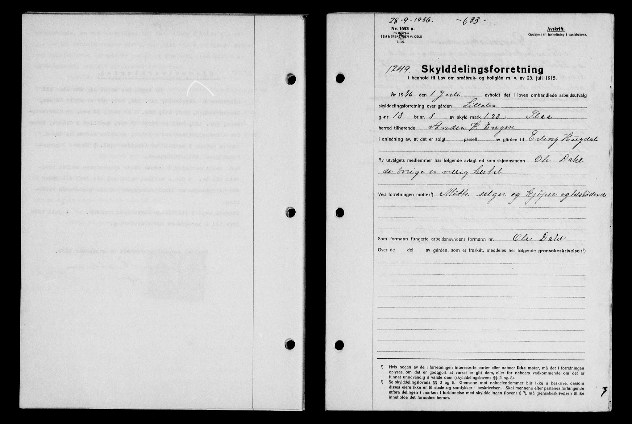 Gauldal sorenskriveri, SAT/A-0014/1/2/2C/L0046: Pantebok nr. 49-50, 1936-1937, Dagboknr: 1249/1936
