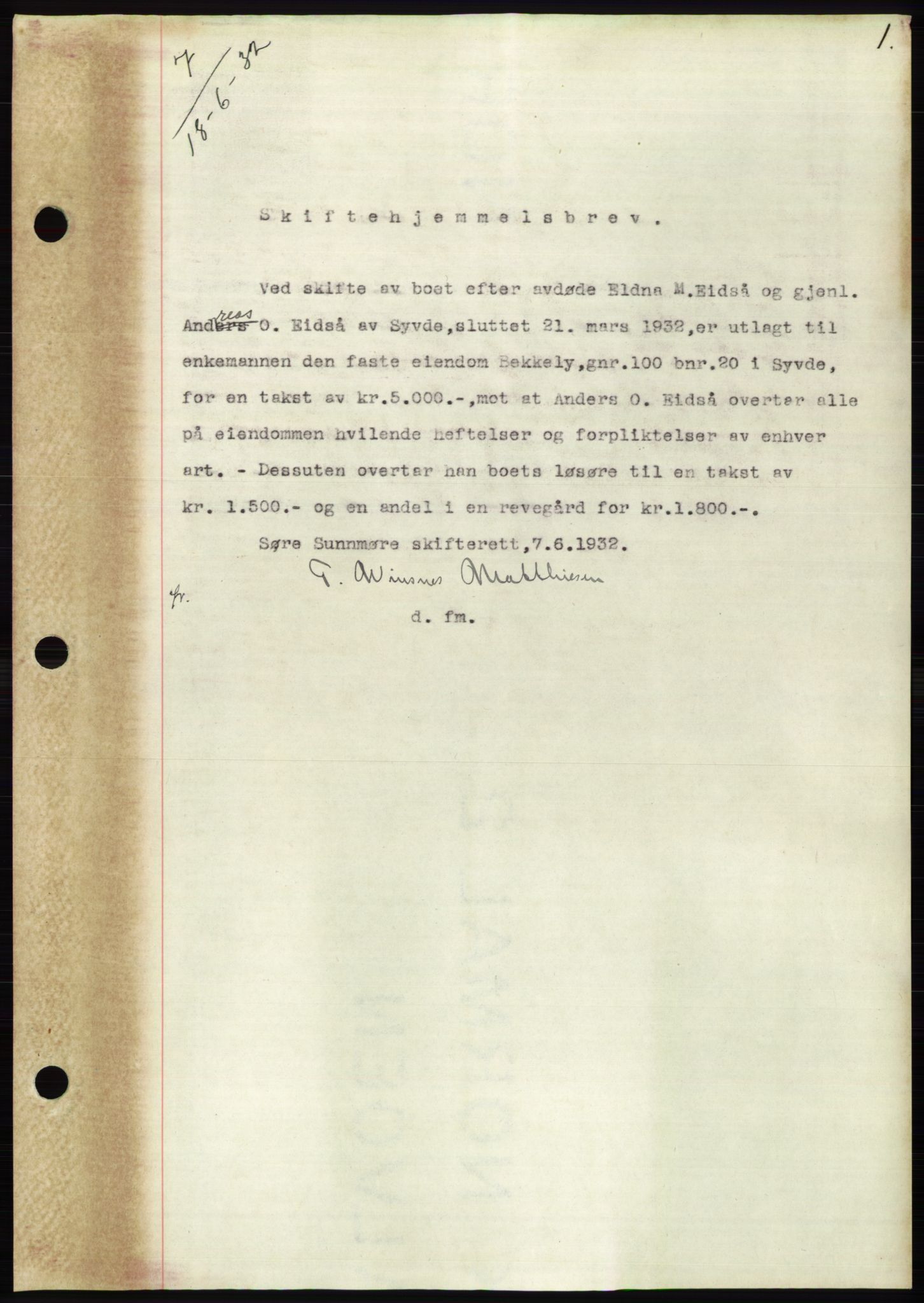 Søre Sunnmøre sorenskriveri, SAT/A-4122/1/2/2C/L0054: Pantebok nr. 48, 1932-1933, Tingl.dato: 18.06.1932