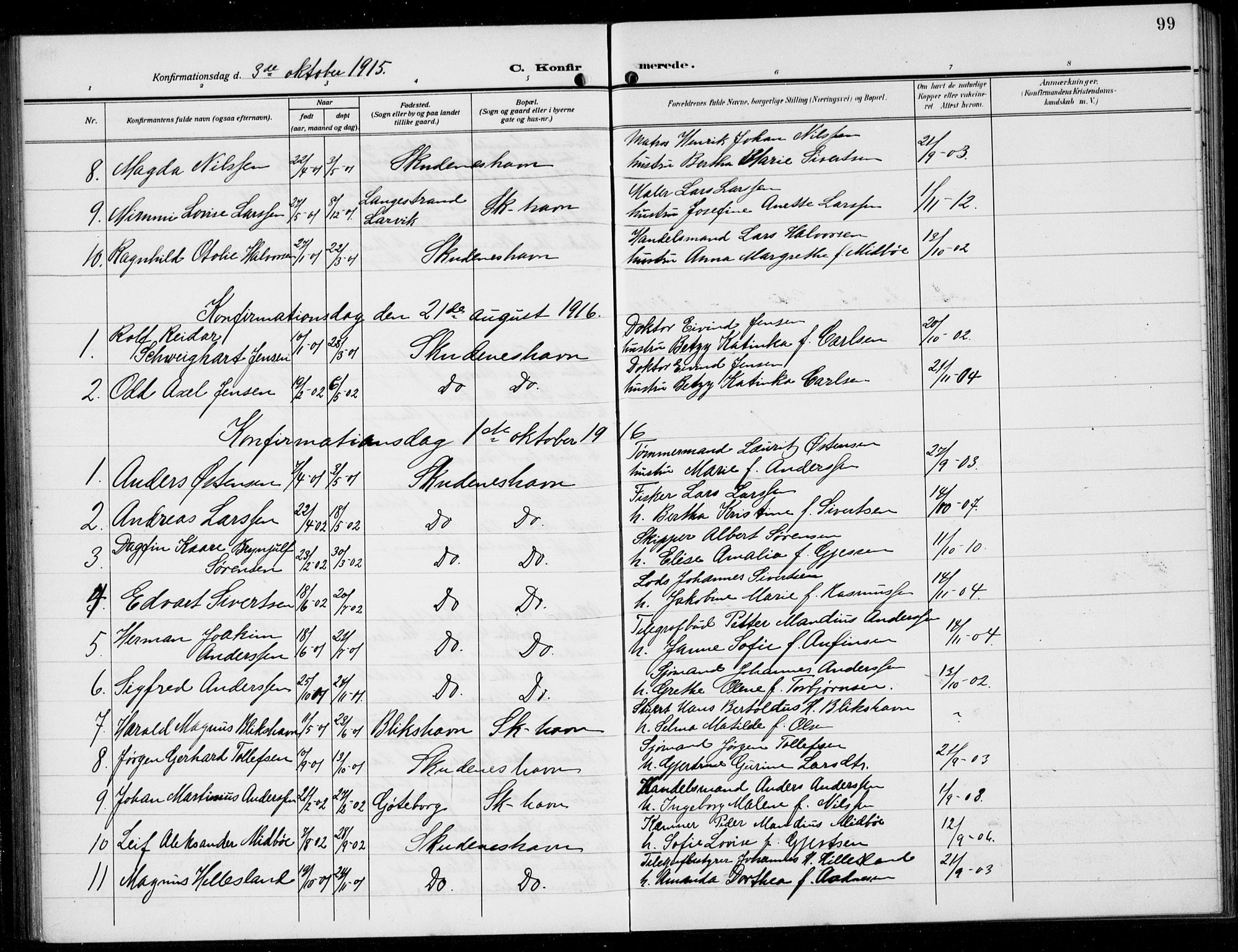 Skudenes sokneprestkontor, AV/SAST-A -101849/H/Ha/Hab/L0010: Klokkerbok nr. B 10, 1908-1936, s. 99