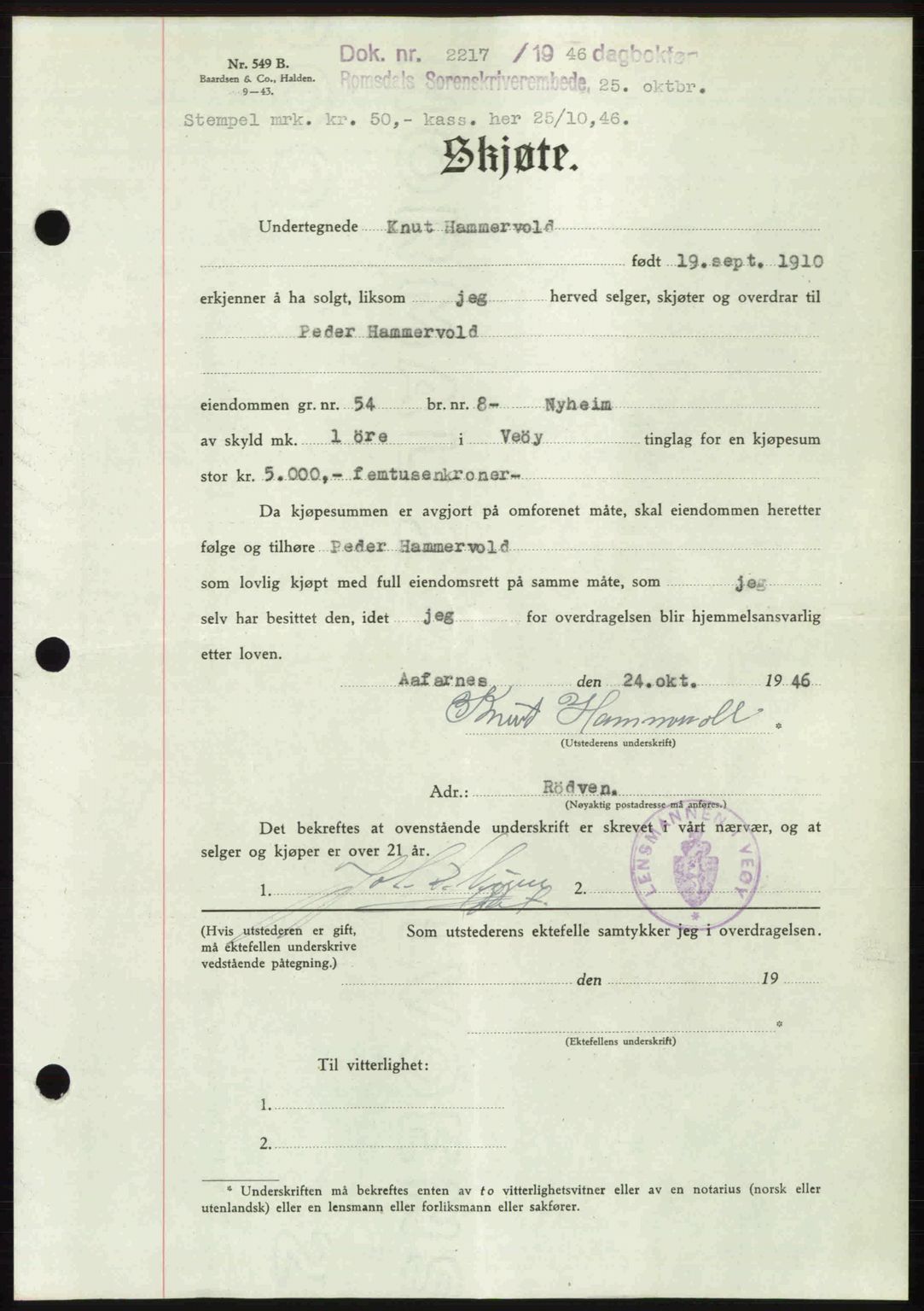 Romsdal sorenskriveri, AV/SAT-A-4149/1/2/2C: Pantebok nr. A21, 1946-1946, Dagboknr: 2217/1946