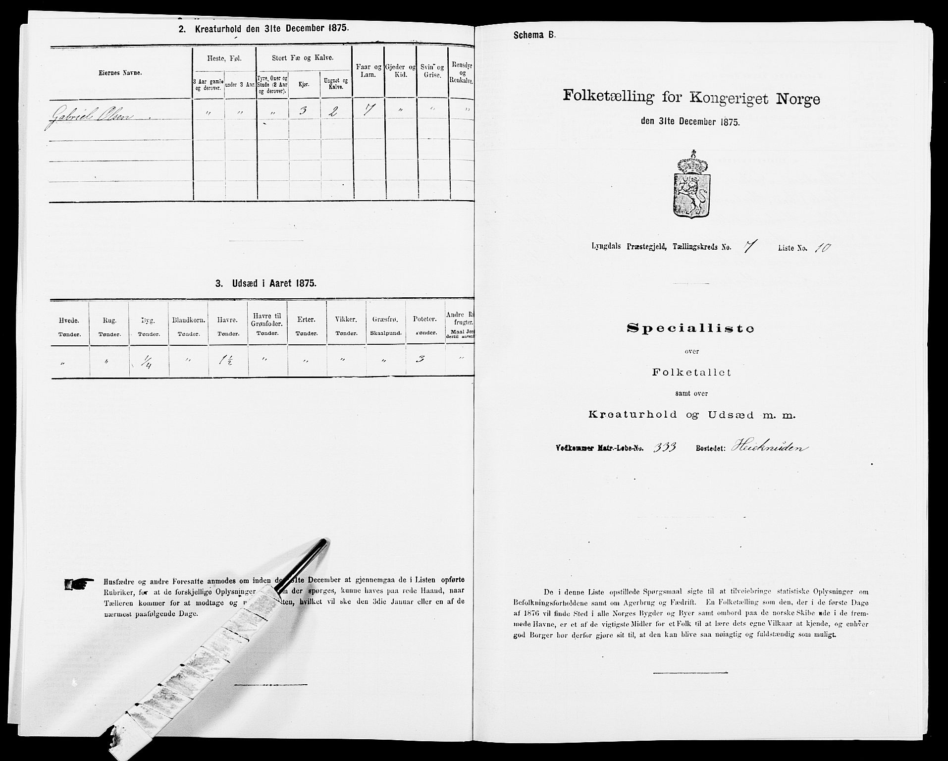 SAK, Folketelling 1875 for 1032P Lyngdal prestegjeld, 1875, s. 1119