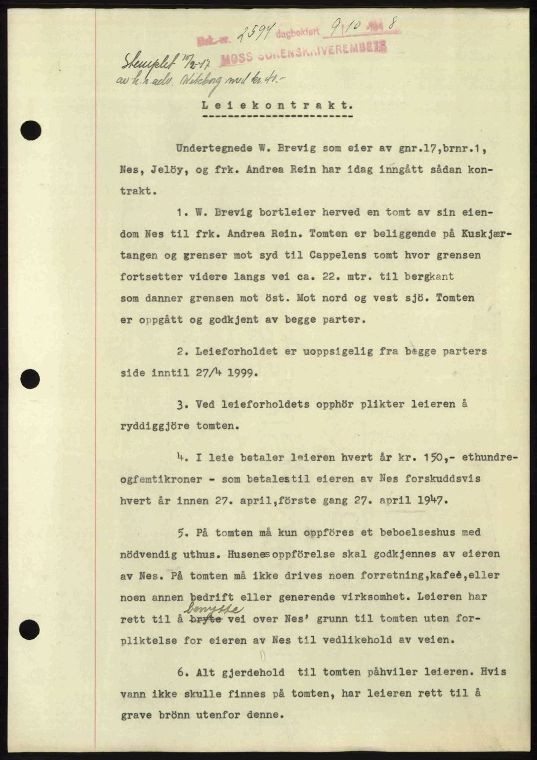 Moss sorenskriveri, SAO/A-10168: Pantebok nr. A20, 1948-1948, Dagboknr: 2594/1948
