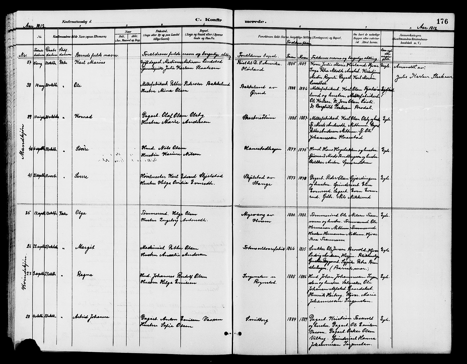 Østre Toten prestekontor, SAH/PREST-104/H/Ha/Hab/L0007: Klokkerbok nr. 7, 1901-1912, s. 176