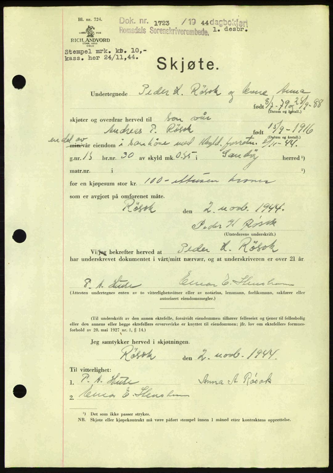 Romsdal sorenskriveri, AV/SAT-A-4149/1/2/2C: Pantebok nr. A17, 1944-1945, Dagboknr: 1723/1944