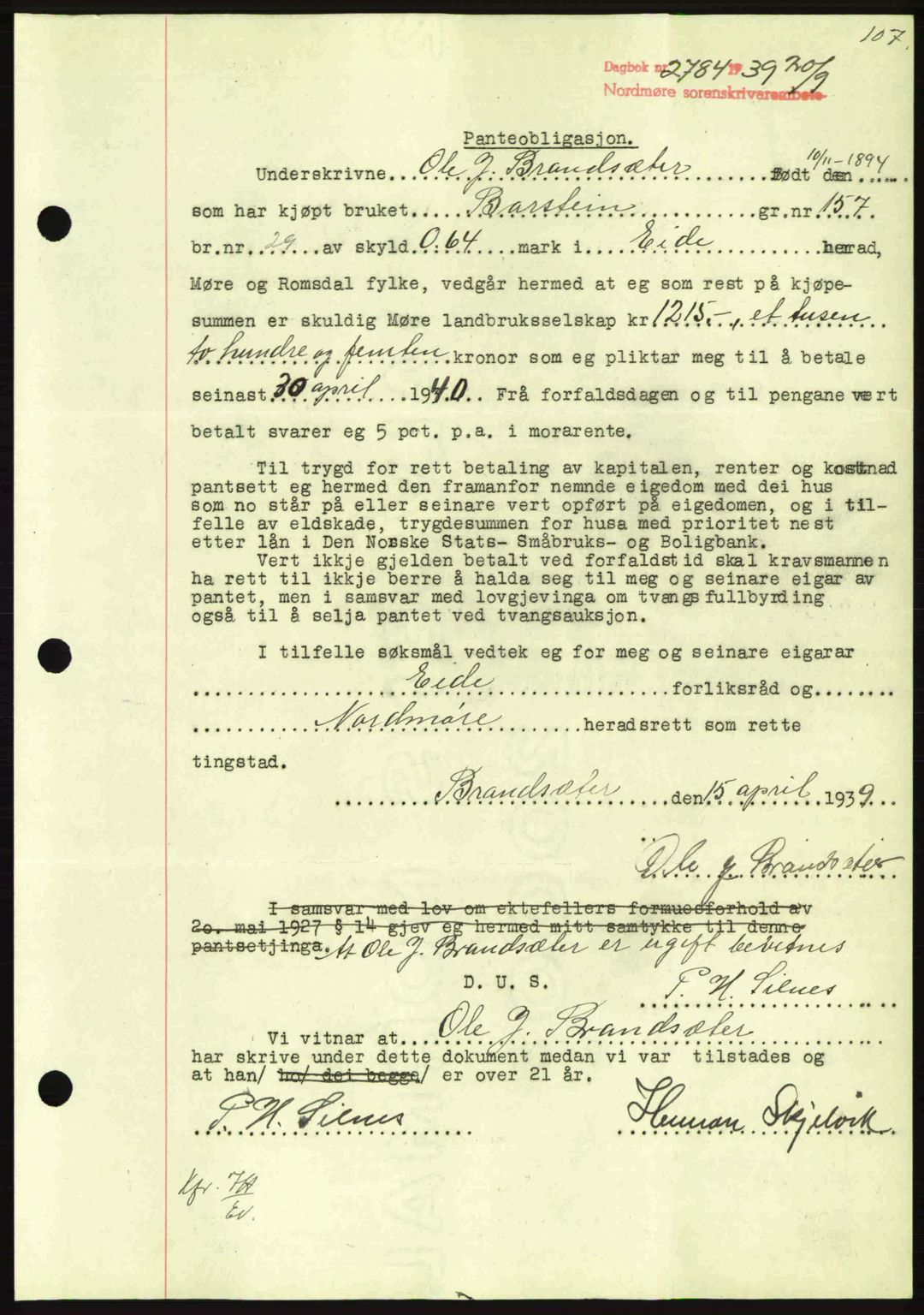 Nordmøre sorenskriveri, AV/SAT-A-4132/1/2/2Ca: Pantebok nr. B86, 1939-1940, Dagboknr: 2784/1939