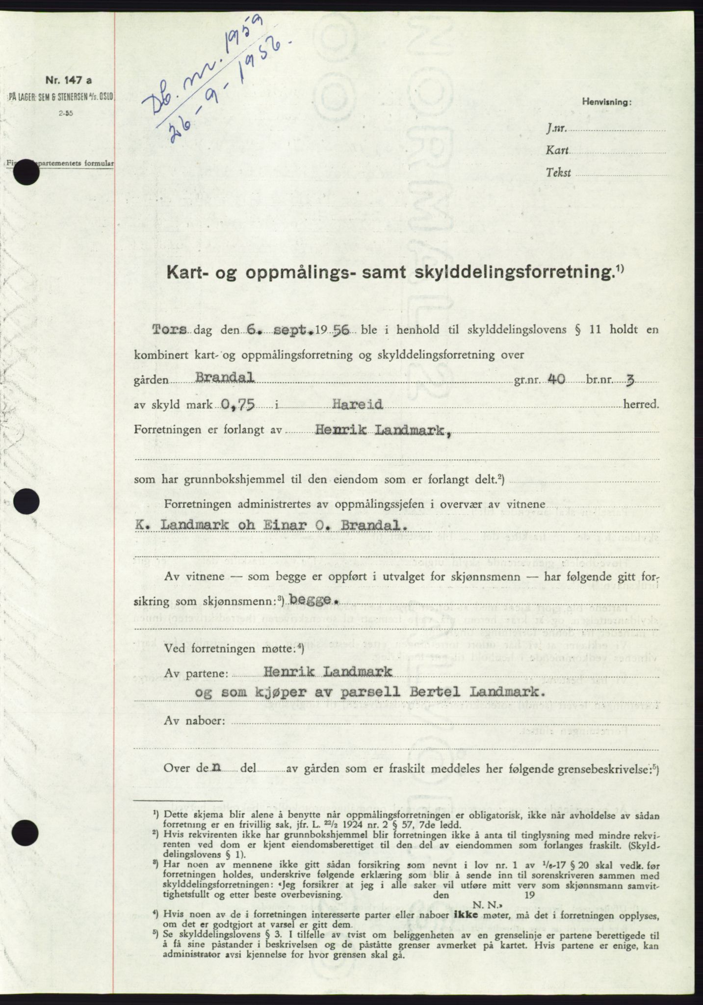 Søre Sunnmøre sorenskriveri, AV/SAT-A-4122/1/2/2C/L0104: Pantebok nr. 30A, 1956-1956, Dagboknr: 1959/1956