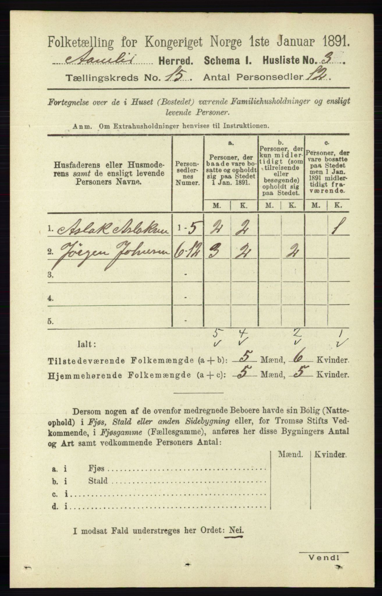 RA, Folketelling 1891 for 0929 Åmli herred, 1891, s. 2521