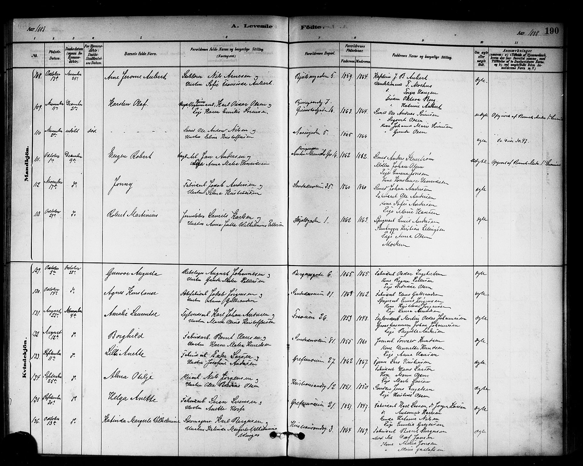 Sagene prestekontor Kirkebøker, AV/SAO-A-10796/G/L0001: Klokkerbok nr. 1, 1880-1891, s. 190