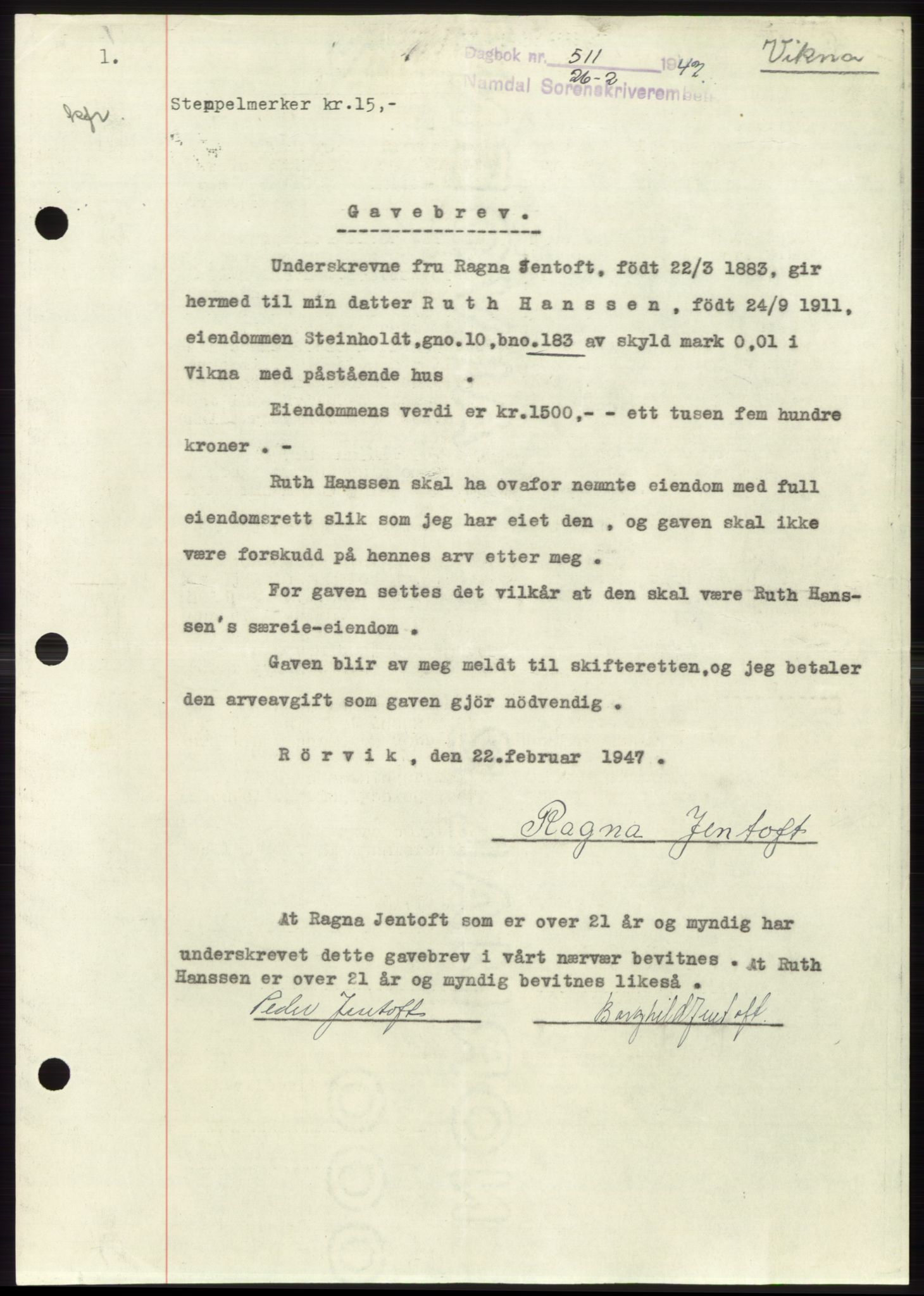 Namdal sorenskriveri, SAT/A-4133/1/2/2C: Pantebok nr. -, 1946-1947, Dagboknr: 511/1947