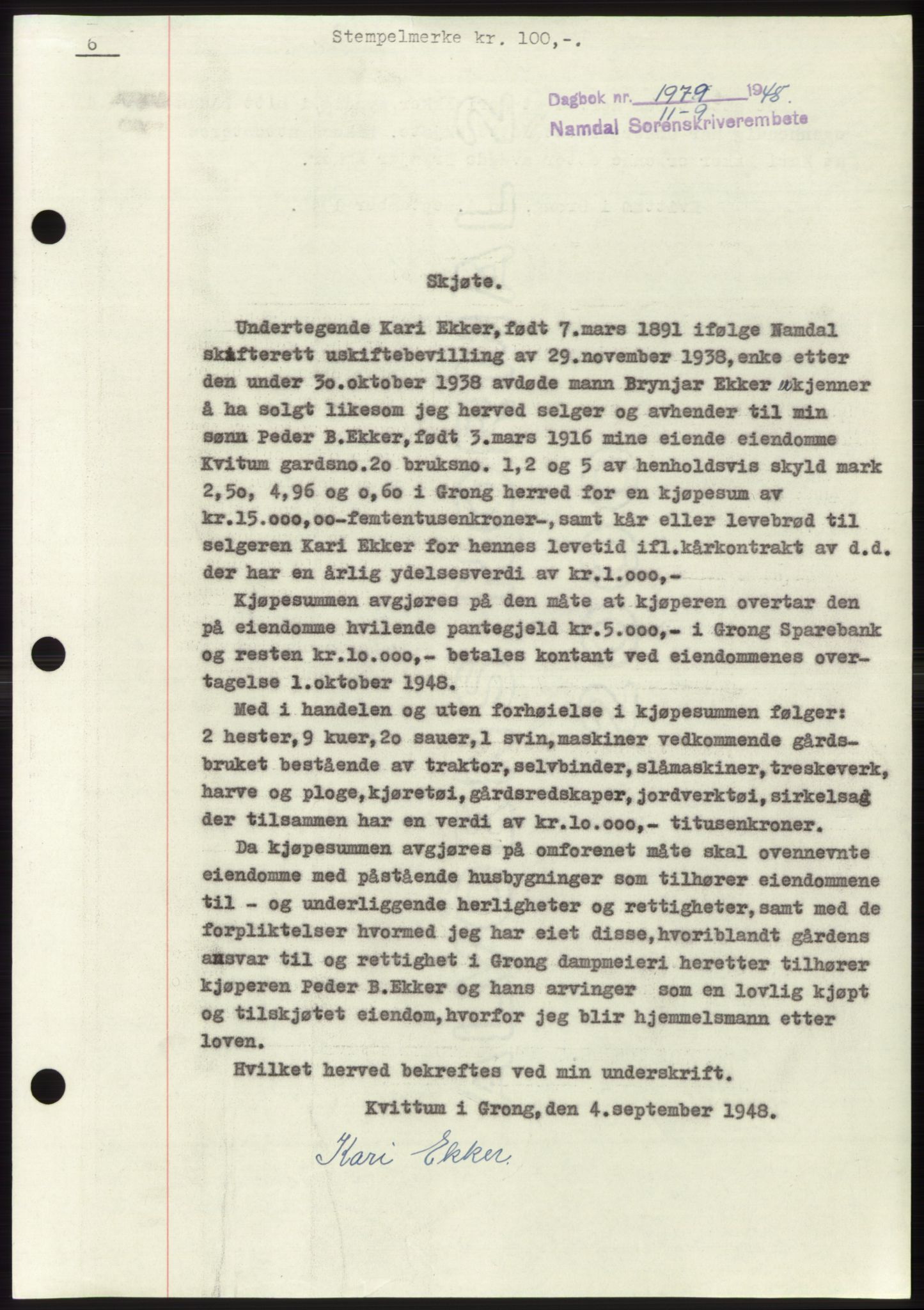 Namdal sorenskriveri, SAT/A-4133/1/2/2C: Pantebok nr. -, 1948-1948, Dagboknr: 1979/1948