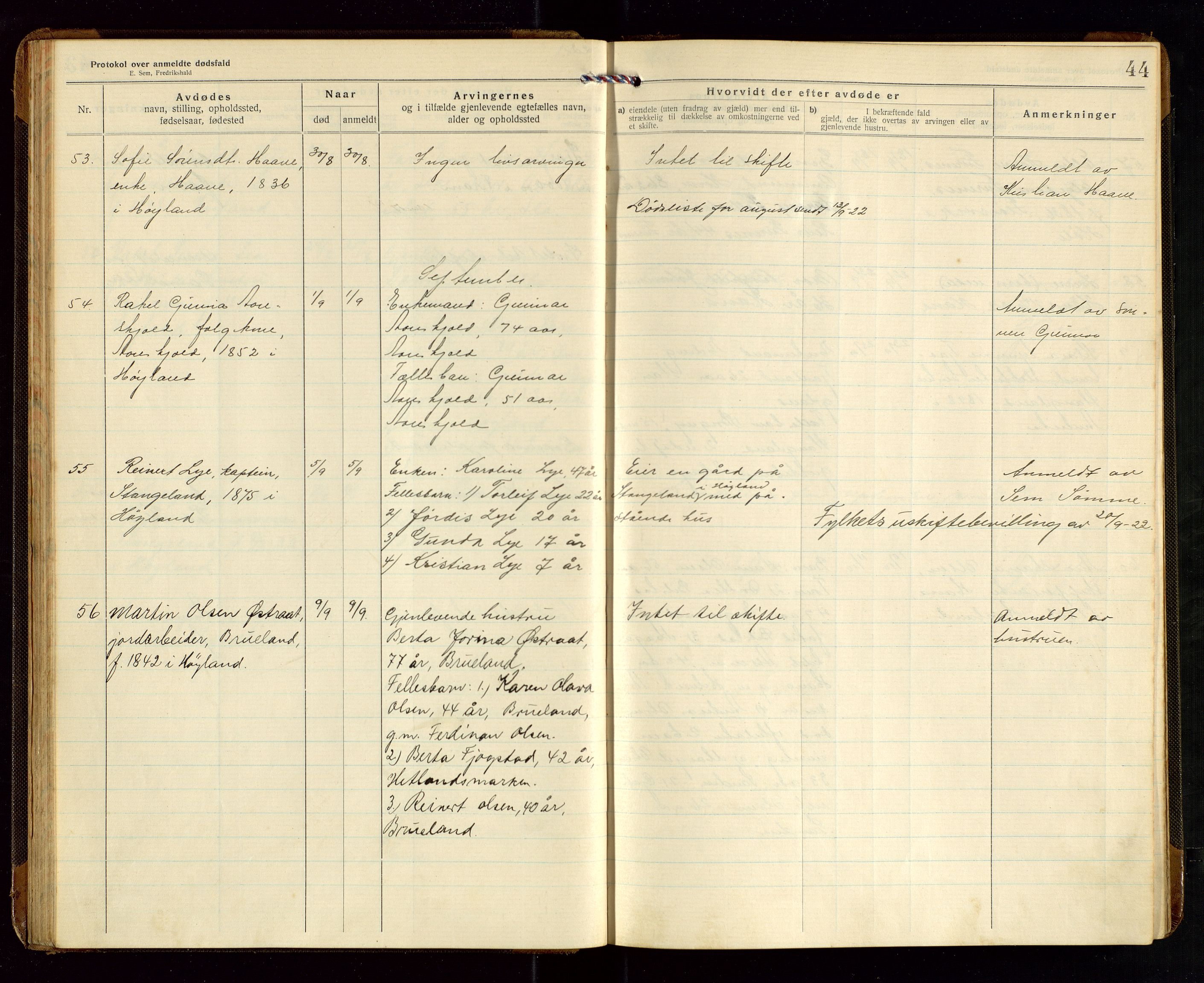 Høyland/Sandnes lensmannskontor, AV/SAST-A-100166/Gga/L0005: "Protkokol over anmeldte dødsfald i Høylands lensmandsdistrikt", 1920-1926, s. 44