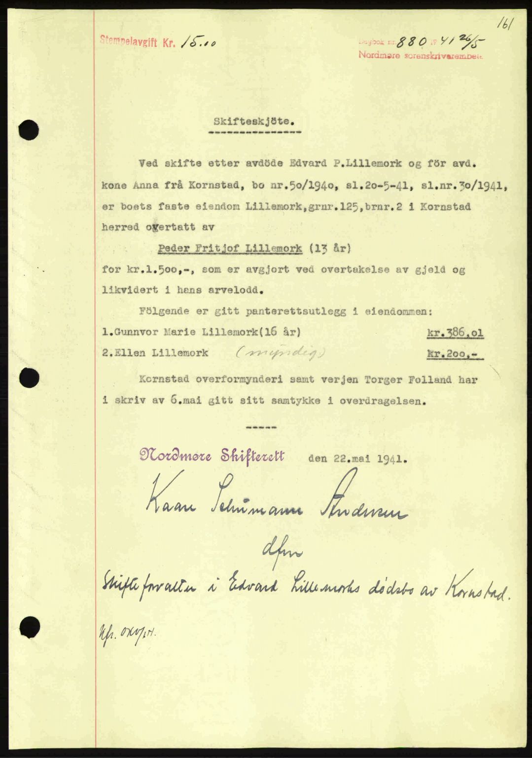 Nordmøre sorenskriveri, SAT/A-4132/1/2/2Ca: Pantebok nr. A90, 1941-1941, Dagboknr: 880/1941