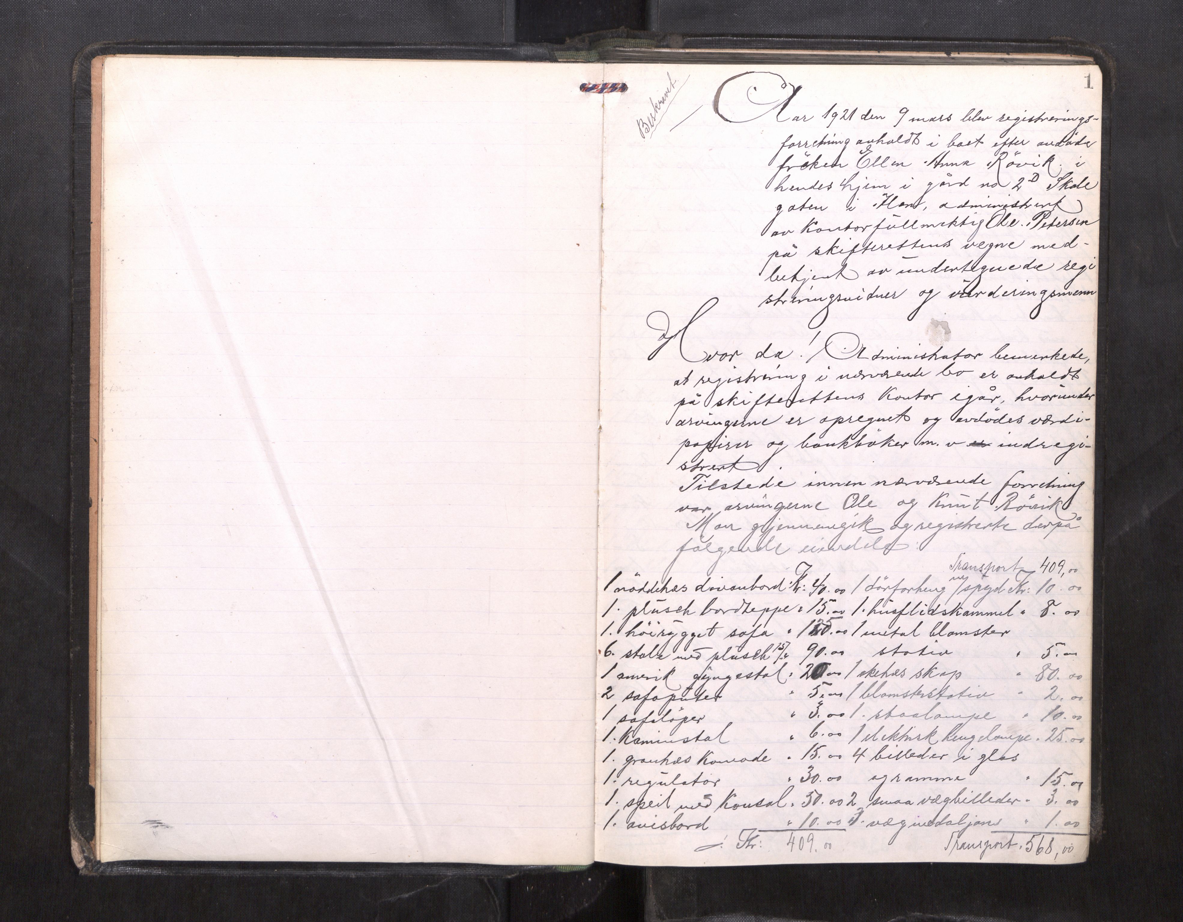Trondheim byfogd, AV/SAT-A-0003/1/3/3C/L0040: Skifteregistreringsprotokoll - 9/3-23/5. (u/ register), 1921-1923, s. 1