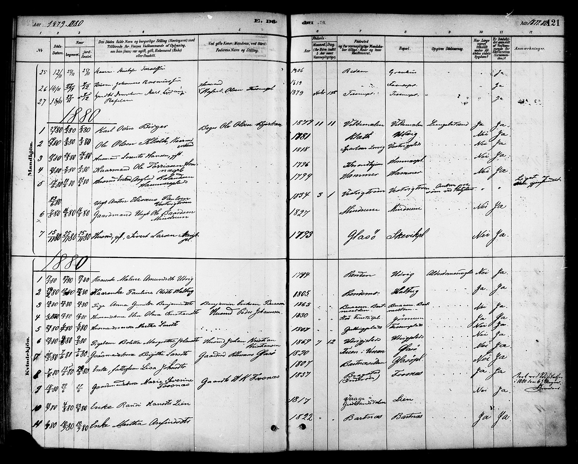 Ministerialprotokoller, klokkerbøker og fødselsregistre - Nord-Trøndelag, SAT/A-1458/741/L0395: Ministerialbok nr. 741A09, 1878-1888, s. 121