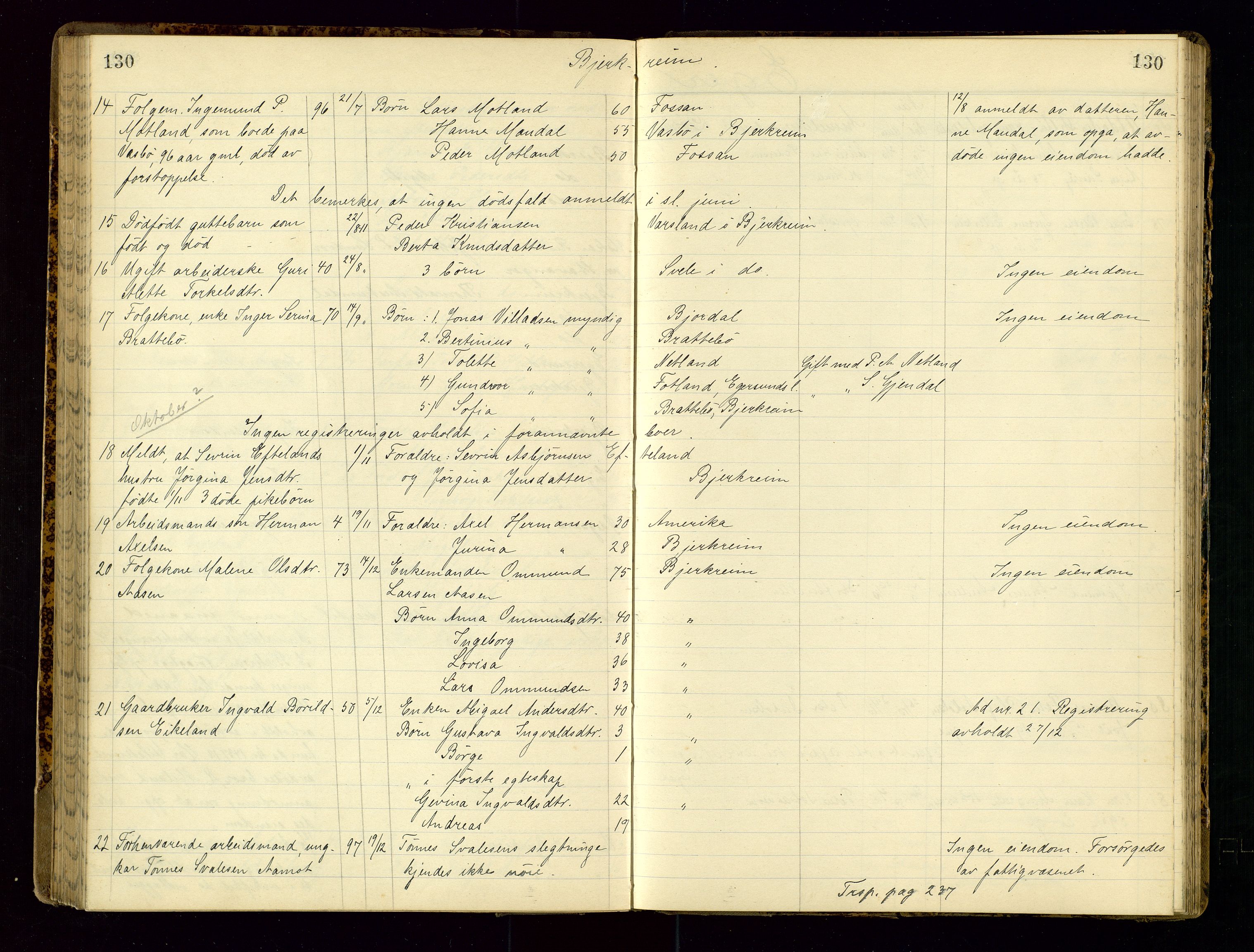 Dalane sorenskriveri, AV/SAST-A-100309/001/5/52/L0001: DØDSFALLPROTOKOLL, 1904-1911, s. 130