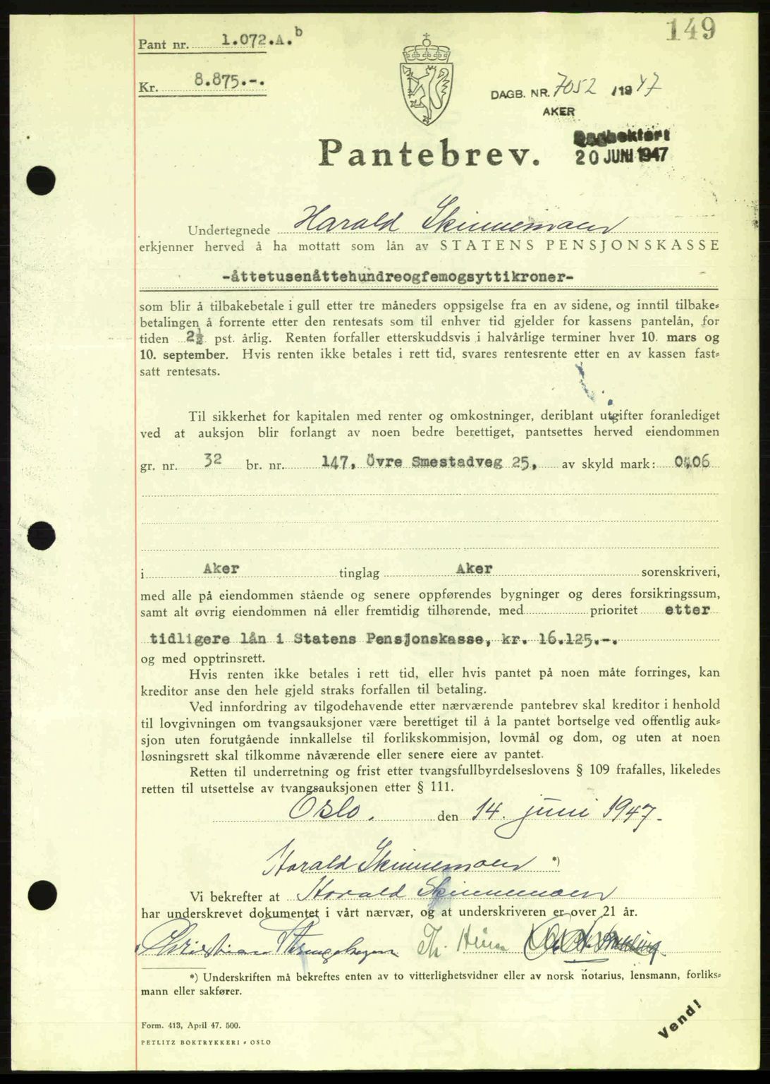 Aker herredsskriveri, SAO/A-10896/G/Gb/Gba/Gbac/L0044: Pantebok nr. B216-217, 1947-1947, Dagboknr: 7052/1947