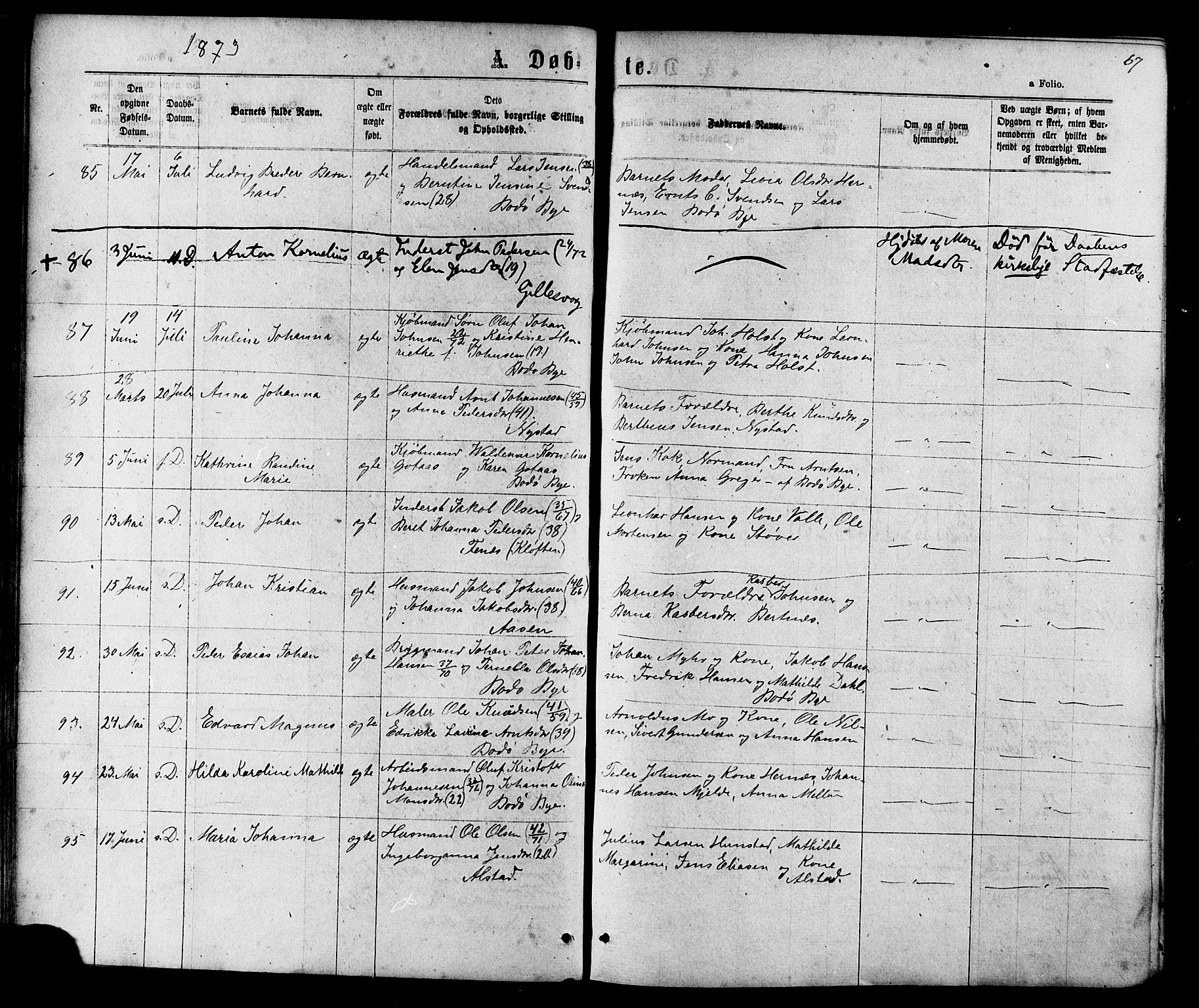 Ministerialprotokoller, klokkerbøker og fødselsregistre - Nordland, AV/SAT-A-1459/801/L0029: Klokkerbok nr. 801C04, 1868-1878, s. 67