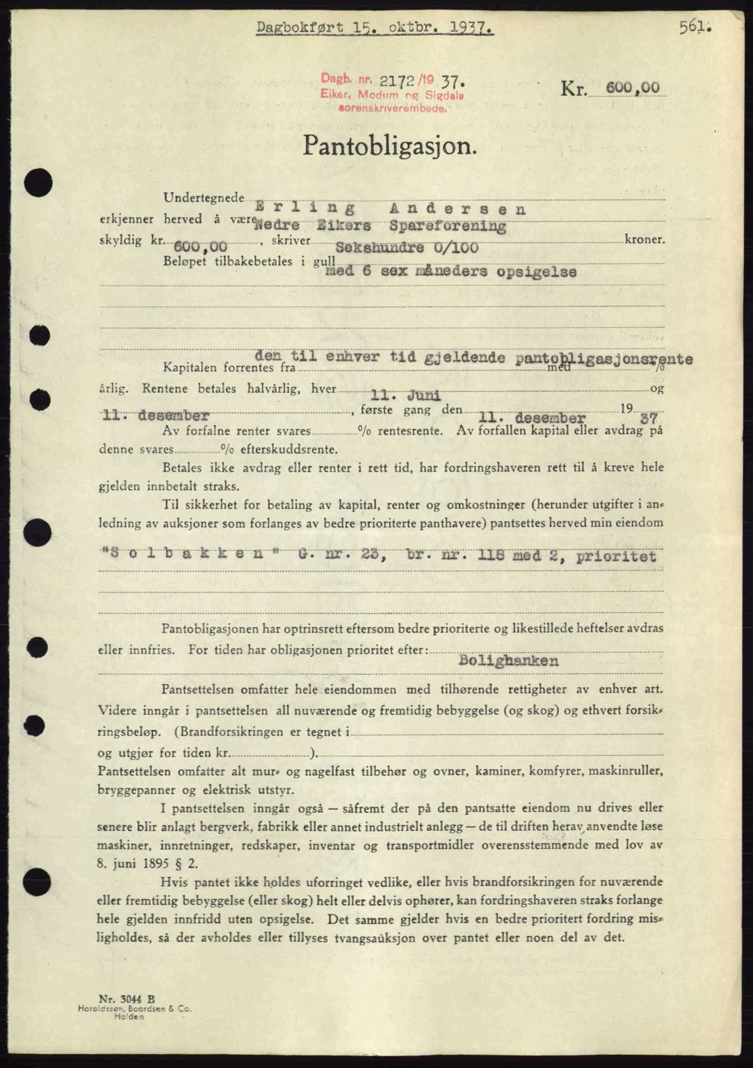 Eiker, Modum og Sigdal sorenskriveri, SAKO/A-123/G/Ga/Gab/L0036: Pantebok nr. A6, 1937-1937, Dagboknr: 2172/1937
