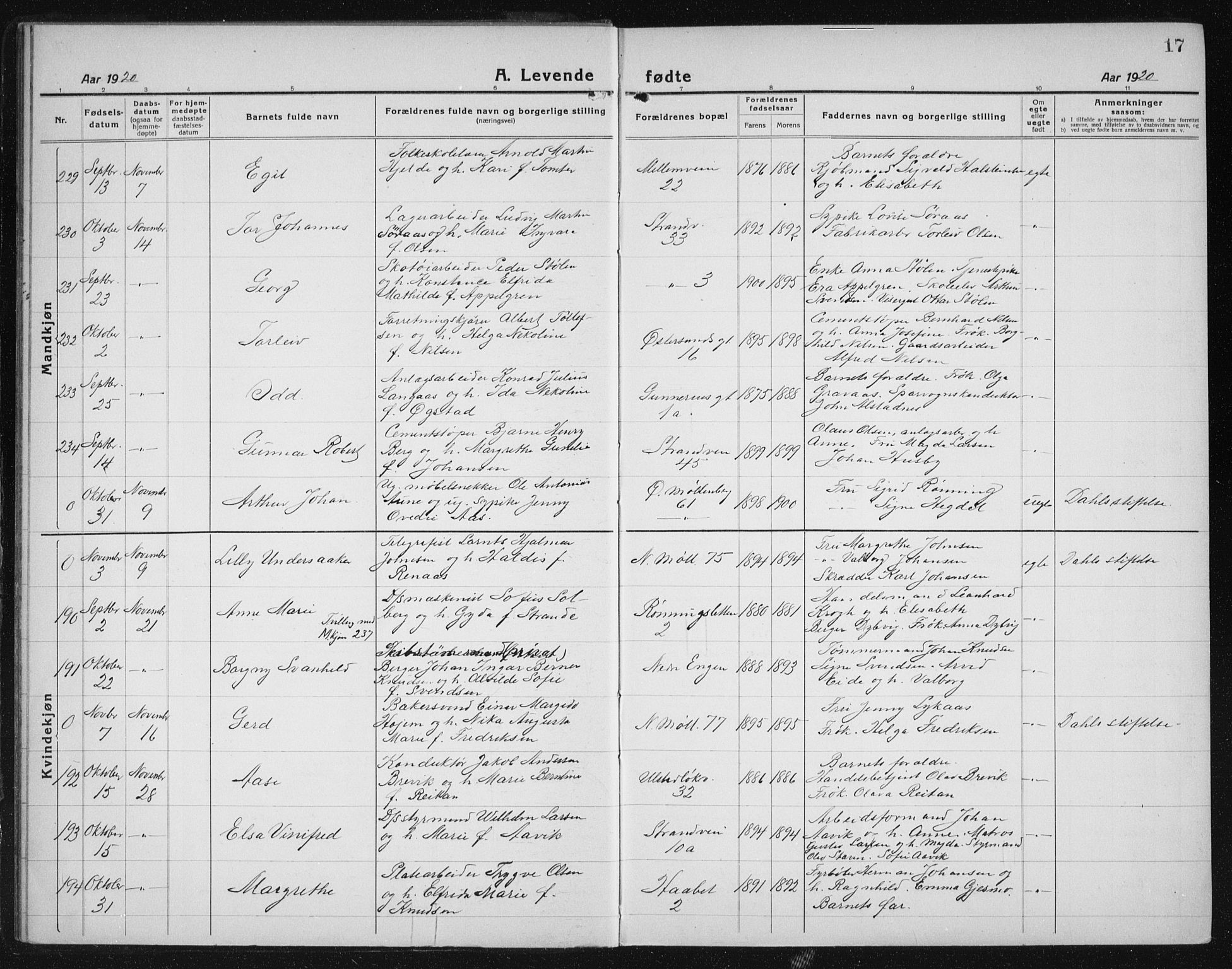 Ministerialprotokoller, klokkerbøker og fødselsregistre - Sør-Trøndelag, AV/SAT-A-1456/605/L0259: Klokkerbok nr. 605C06, 1920-1937, s. 17