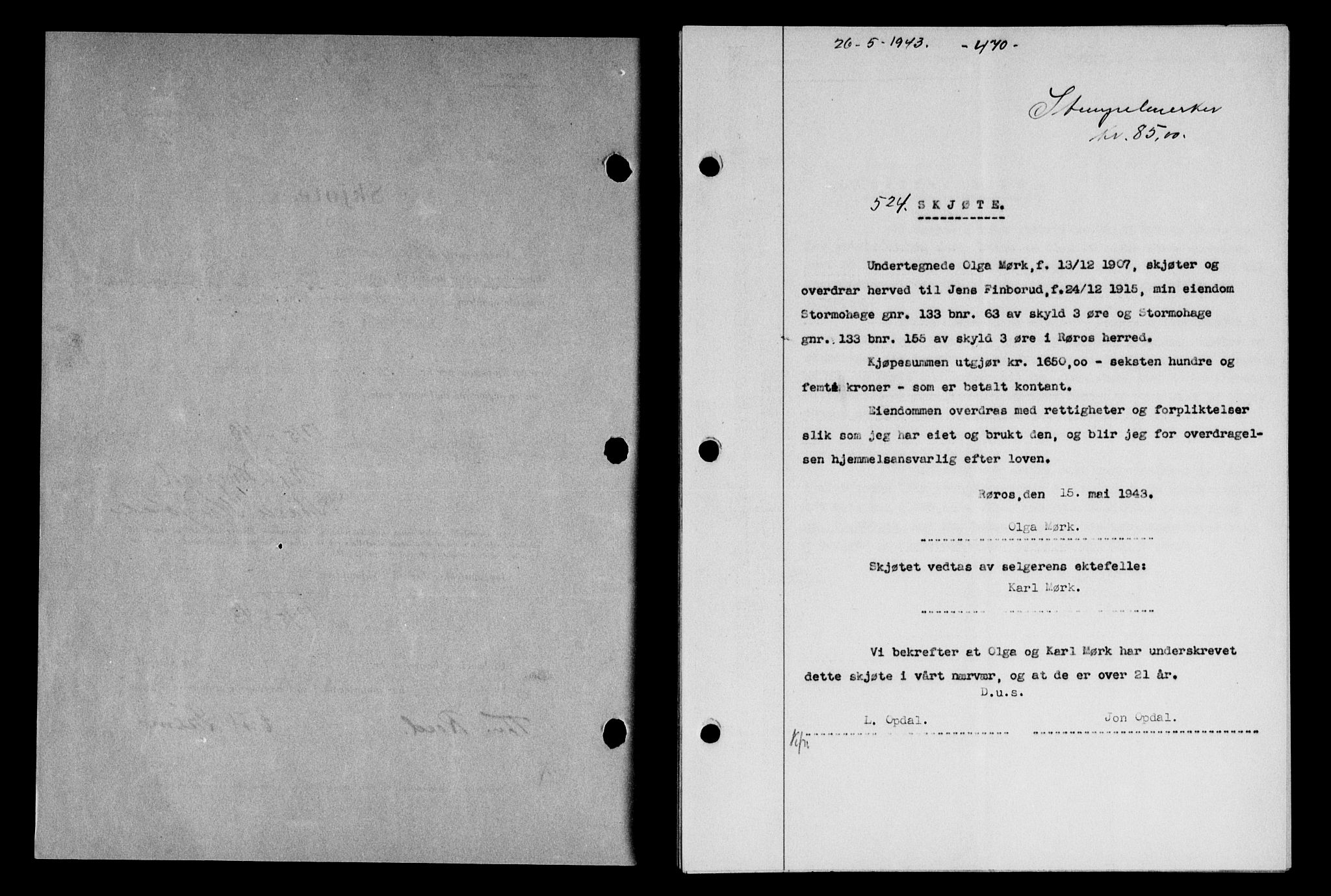 Gauldal sorenskriveri, SAT/A-0014/1/2/2C/L0056: Pantebok nr. 61, 1942-1943, Dagboknr: 524/1943