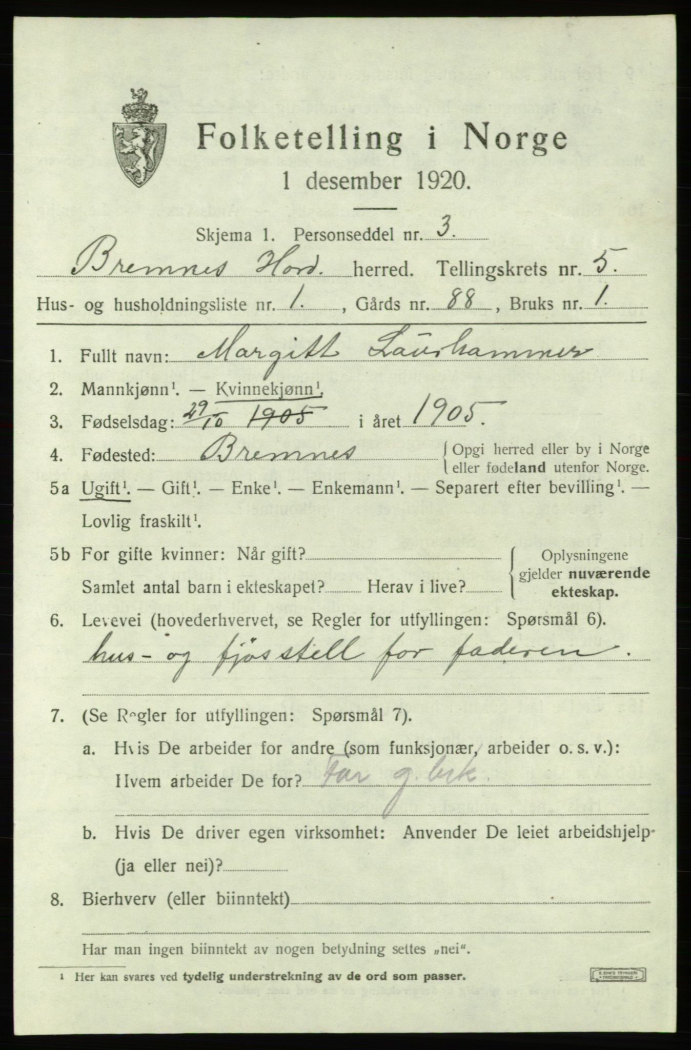 SAB, Folketelling 1920 for 1220 Bremnes herred, 1920, s. 2504