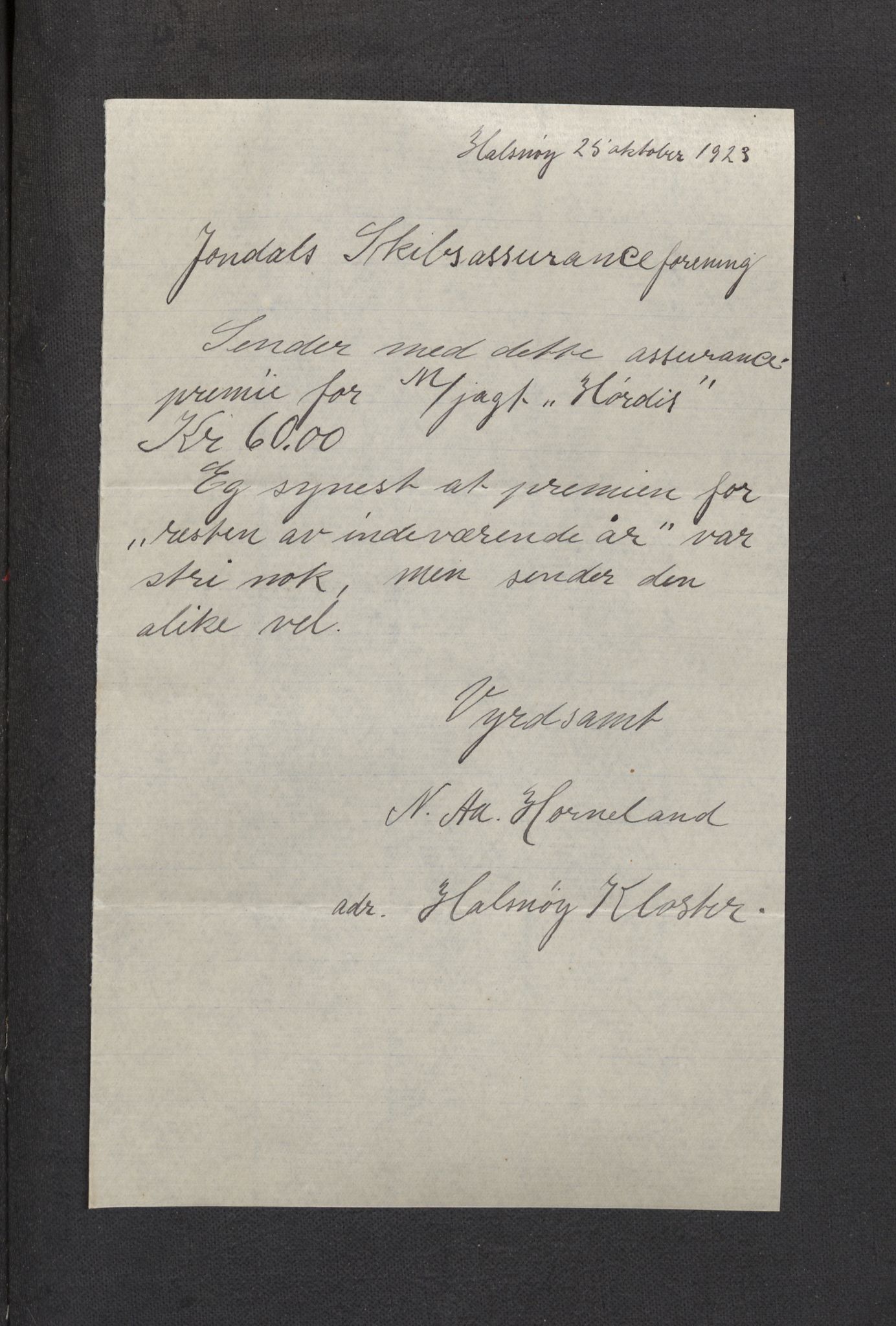 Jondal Skipsassuranseforening, AV/SAB-SAB/PA-0276/E/L0096: Korrespondanse , 1923