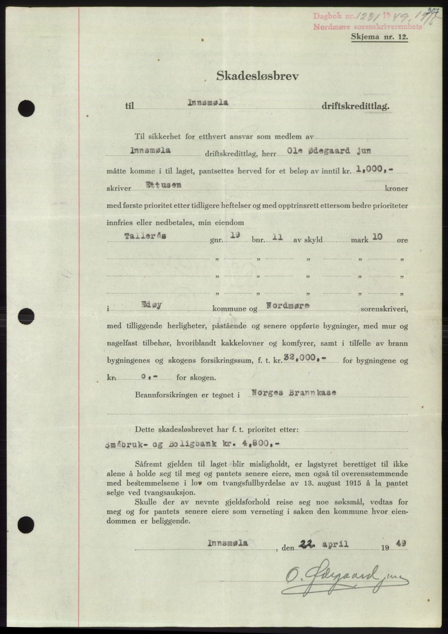 Nordmøre sorenskriveri, SAT/A-4132/1/2/2Ca: Pantebok nr. B101, 1949-1949, Dagboknr: 1231/1949