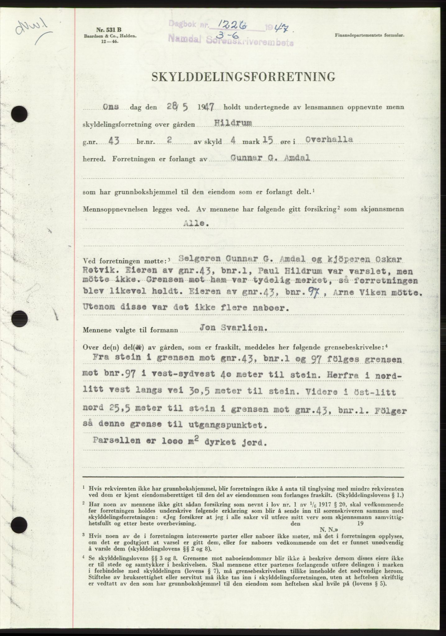 Namdal sorenskriveri, SAT/A-4133/1/2/2C: Pantebok nr. -, 1947-1947, Dagboknr: 1226/1947