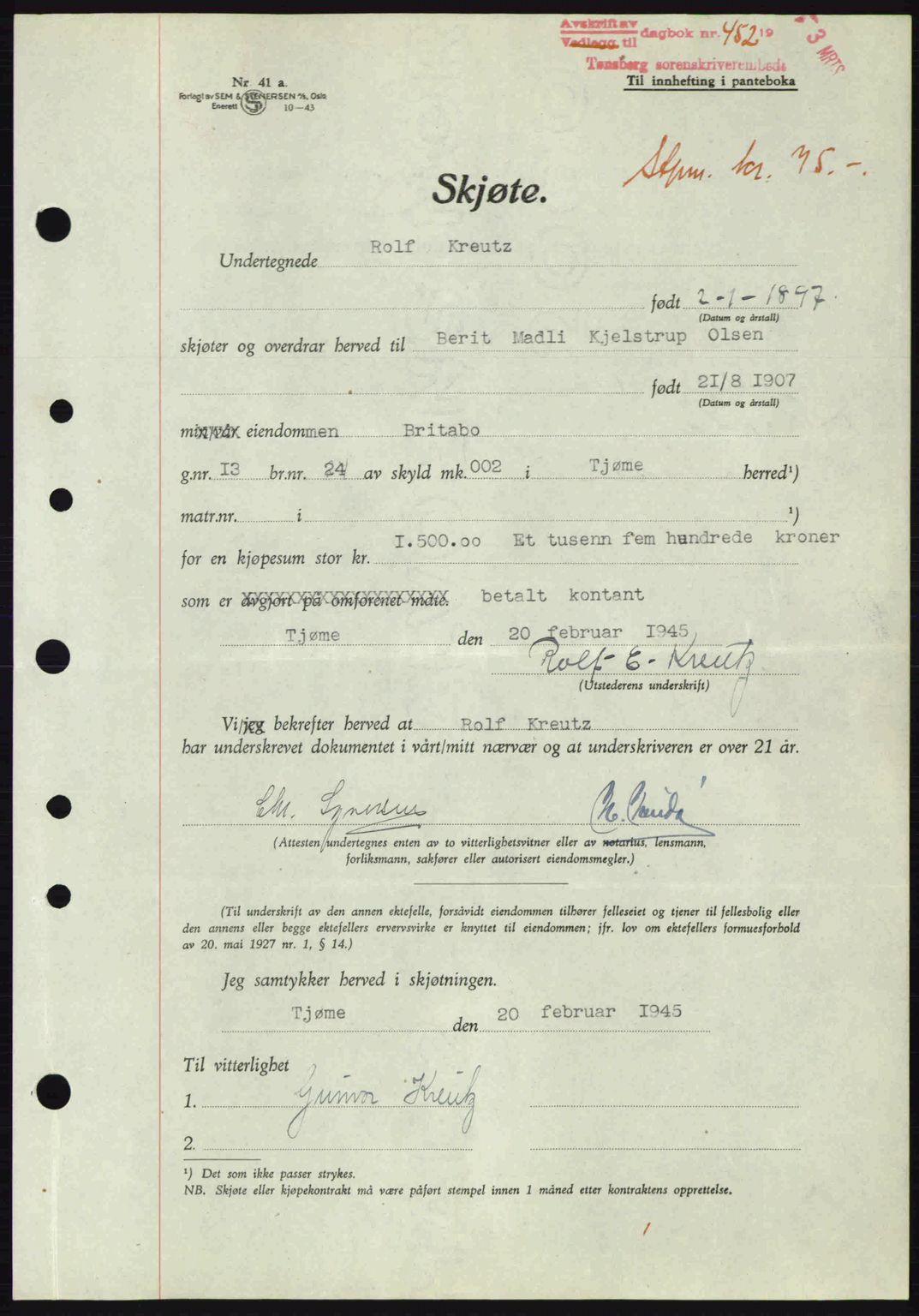 Tønsberg sorenskriveri, AV/SAKO-A-130/G/Ga/Gaa/L0016: Pantebok nr. A16, 1944-1945, Dagboknr: 452/1945