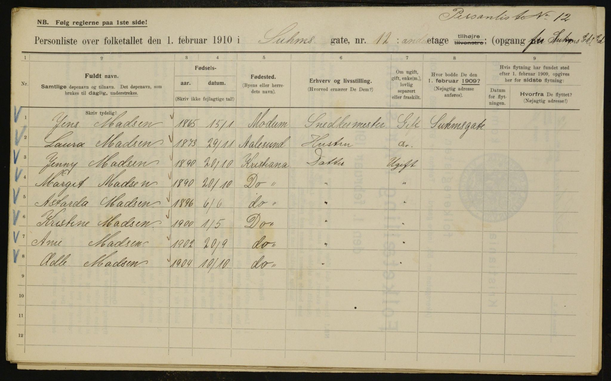 OBA, Kommunal folketelling 1.2.1910 for Kristiania, 1910, s. 99265