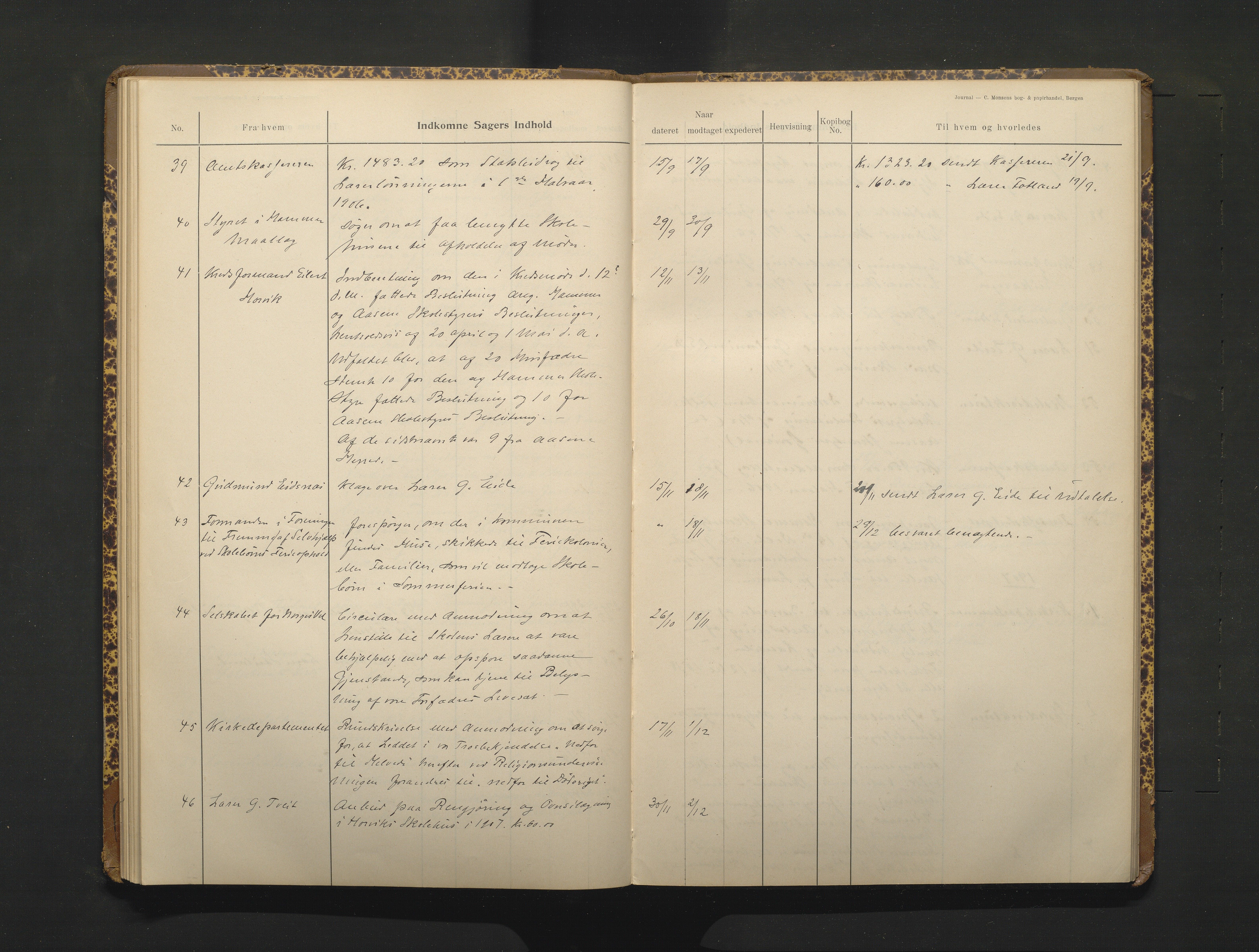 Hamre kommune. Skulestyret, IKAH/1254-211/C/Ca/L0003: Postjournal for Hamre skulestyre, 1901-1916