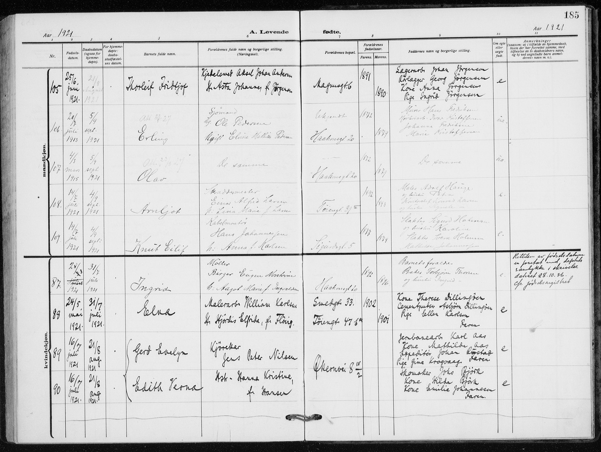 Kampen prestekontor Kirkebøker, AV/SAO-A-10853/F/Fa/L0012: Ministerialbok nr. I 12, 1916-1921, s. 185