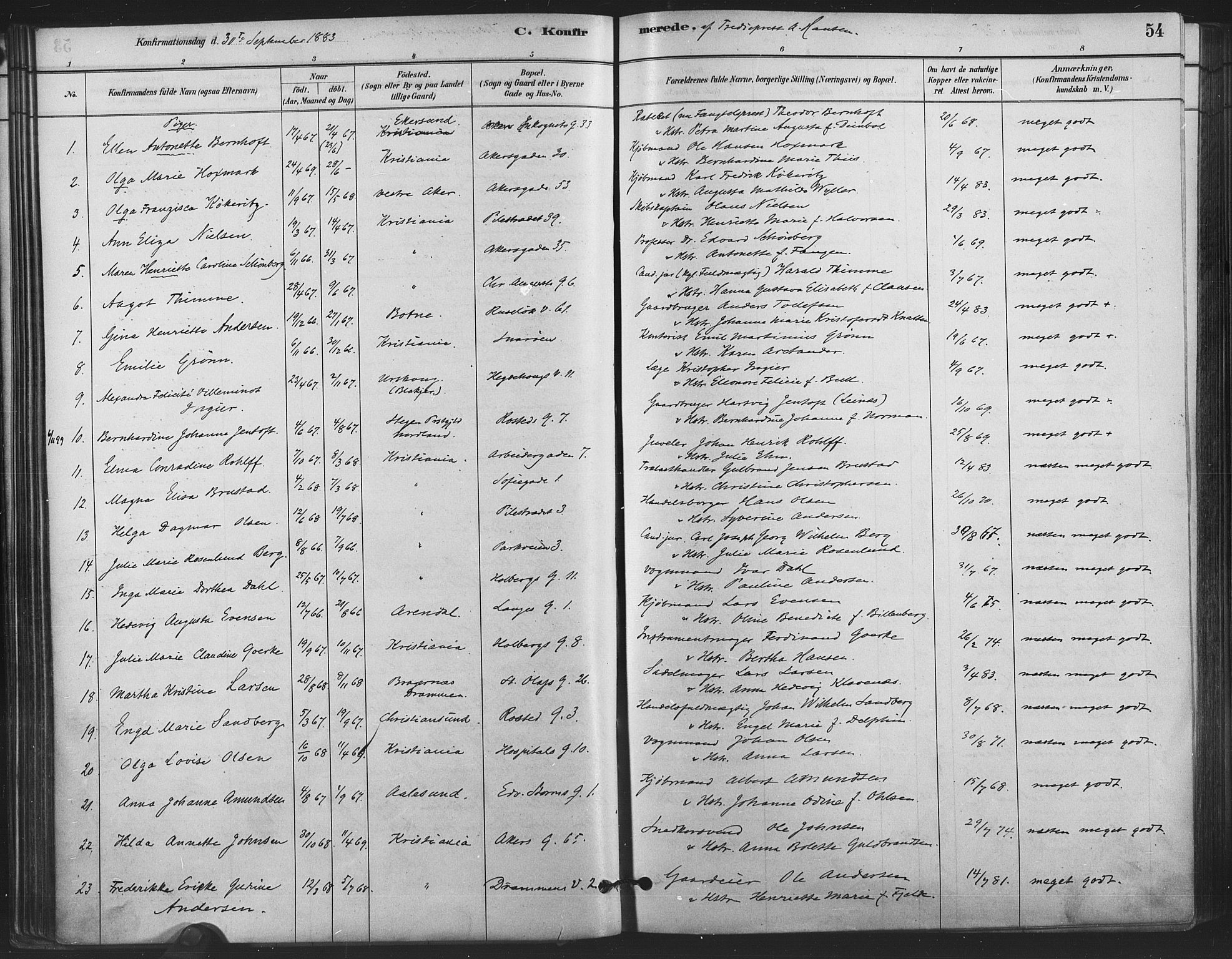 Trefoldighet prestekontor Kirkebøker, SAO/A-10882/F/Fb/L0003: Ministerialbok nr. II 3, 1881-1895, s. 54