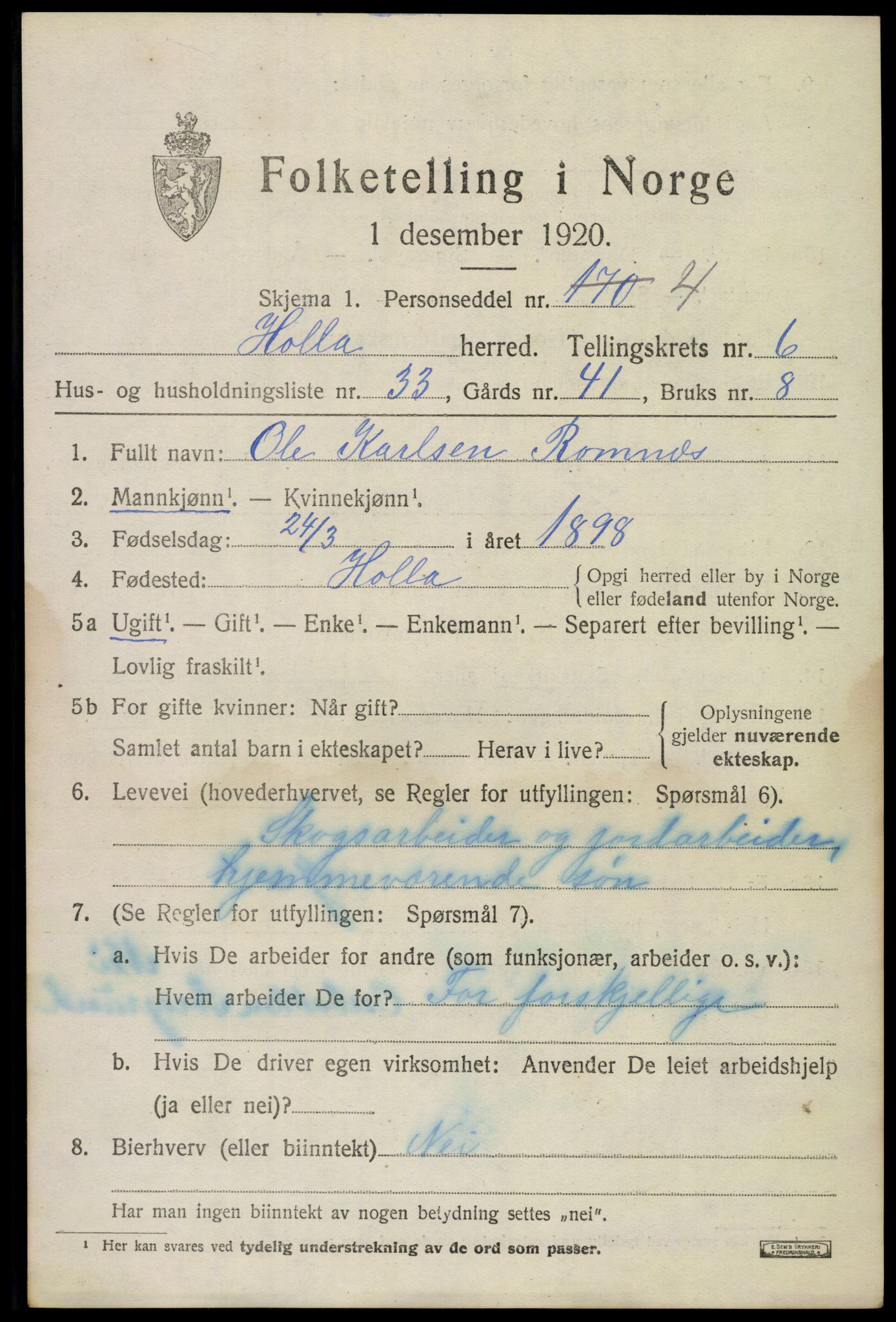 SAKO, Folketelling 1920 for 0819 Holla herred, 1920, s. 4747