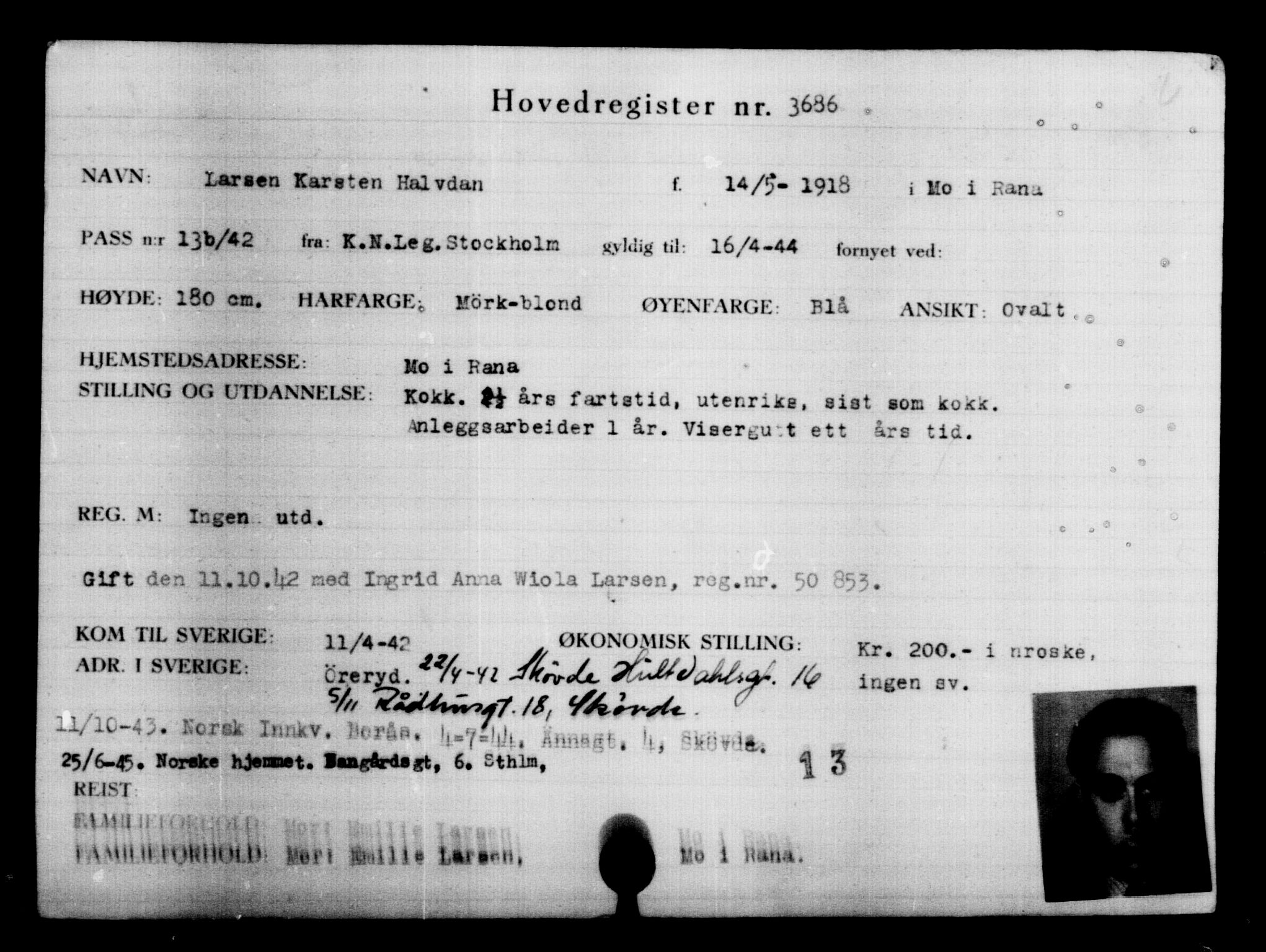 Utenriksstasjonene, Legasjonen i Stockholm, Flyktningkontoret, AV/RA-S-6753/V/Va/L0004: Kjesäterkartoteket, flyktninger med registreringsnr. 3496-6610, 1940-1945, s. 219