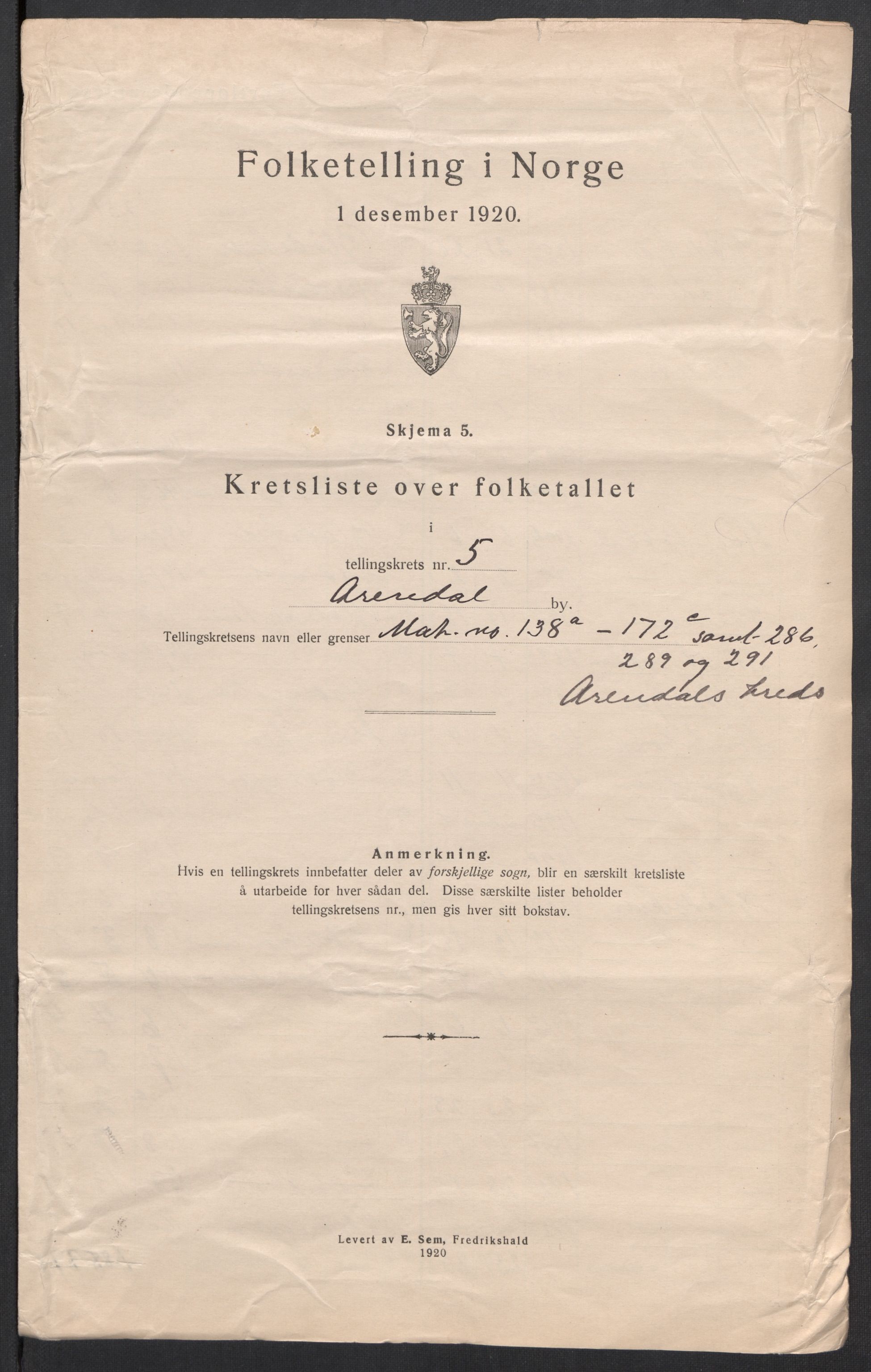 SAK, Folketelling 1920 for 0903 Arendal kjøpstad, 1920, s. 20