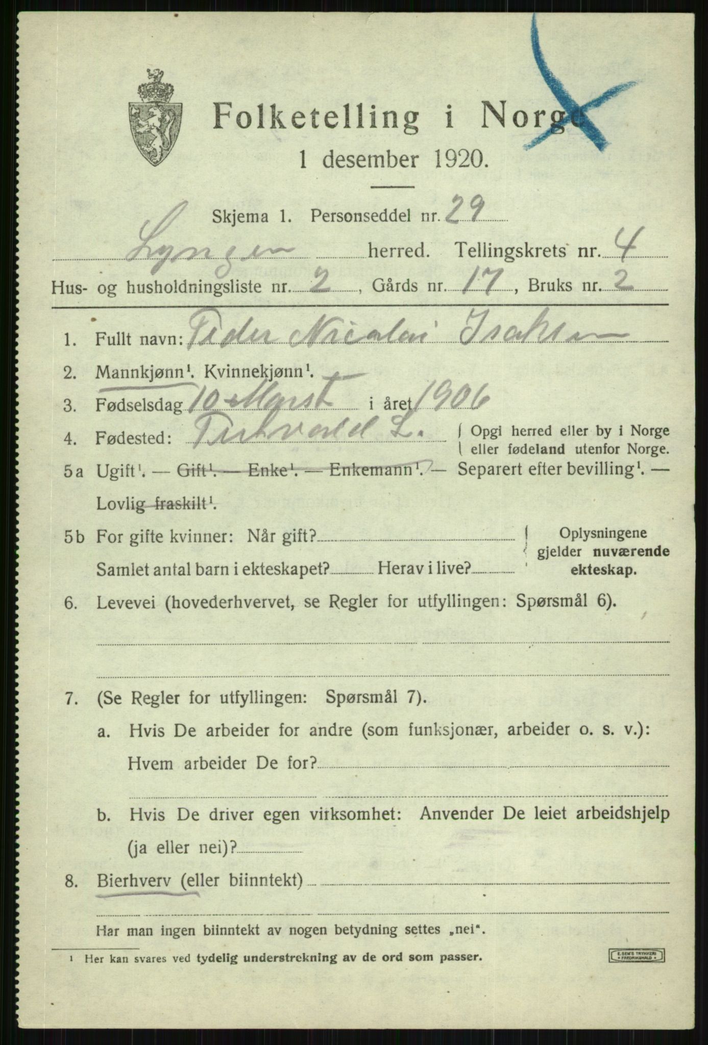 SATØ, Folketelling 1920 for 1938 Lyngen herred, 1920, s. 4079