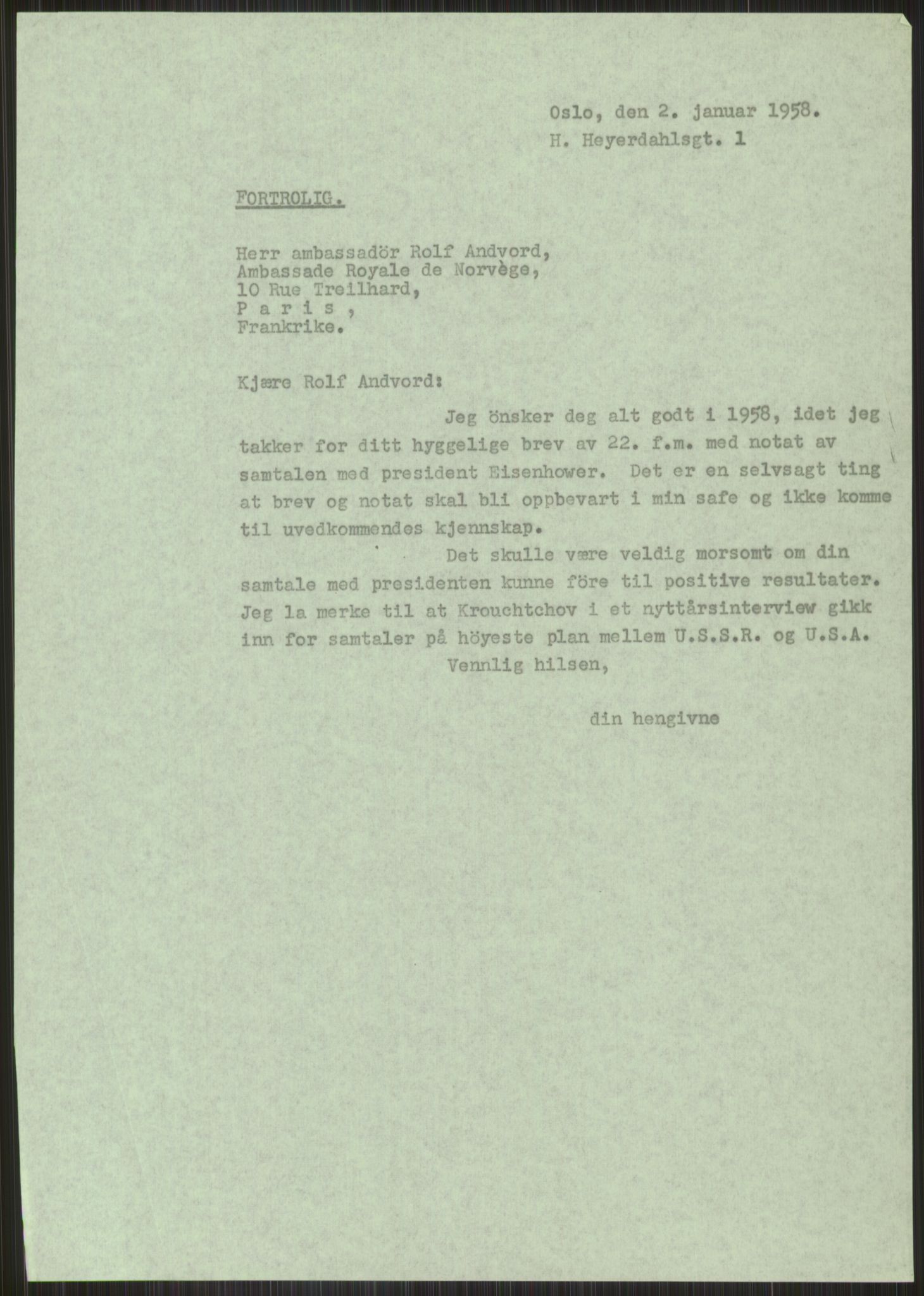 Lie, Trygve, AV/RA-PA-1407/D/L0006: Blandet og privat korrespondanse., 1941-1960, s. 323