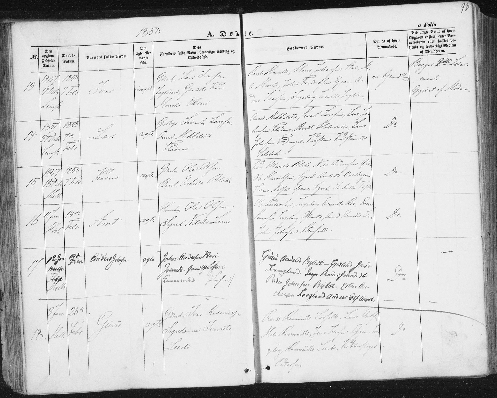 Ministerialprotokoller, klokkerbøker og fødselsregistre - Sør-Trøndelag, SAT/A-1456/691/L1076: Ministerialbok nr. 691A08, 1852-1861, s. 93