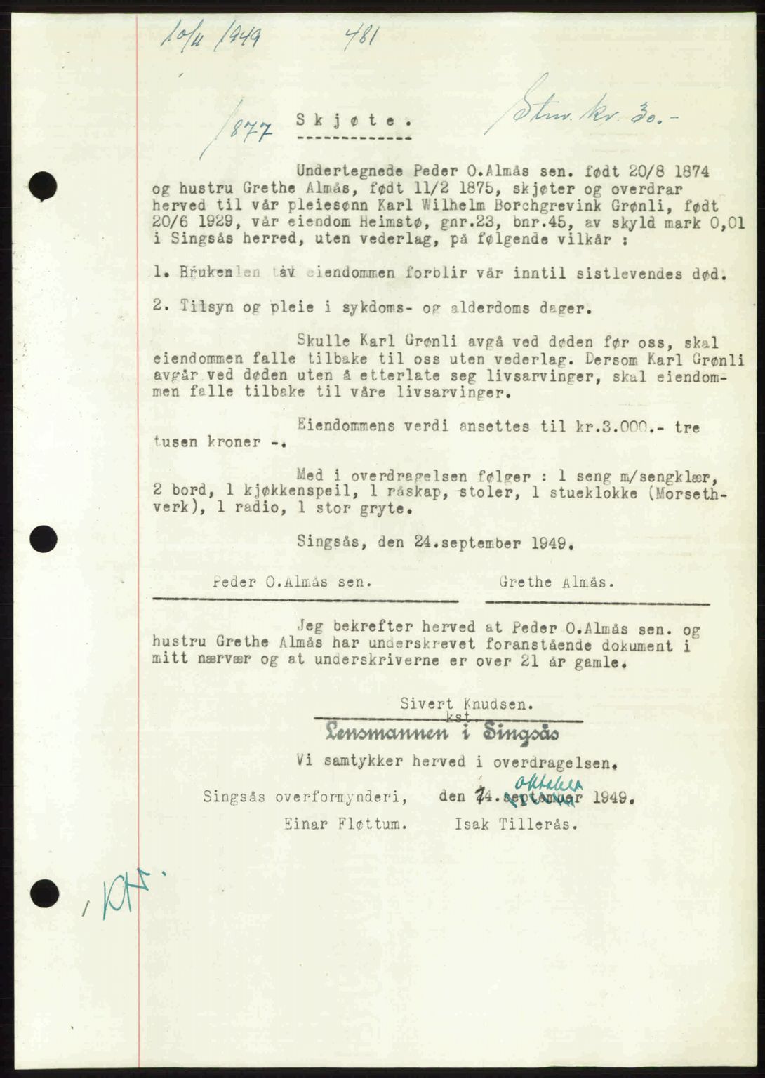 Gauldal sorenskriveri, SAT/A-0014/1/2/2C: Pantebok nr. A9, 1949-1950, Dagboknr: 1877/1949