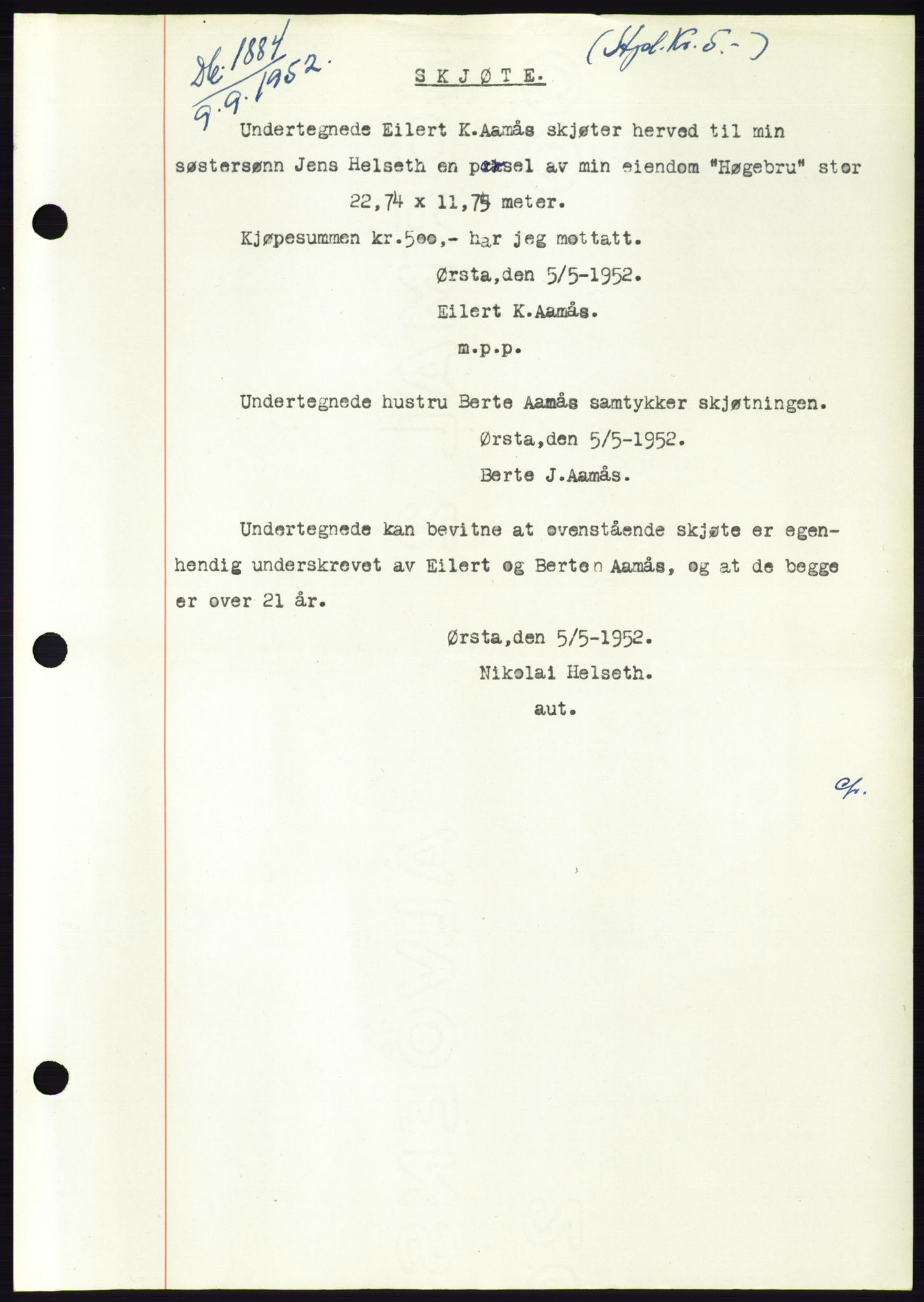 Søre Sunnmøre sorenskriveri, SAT/A-4122/1/2/2C/L0093: Pantebok nr. 19A, 1952-1953, Dagboknr: 1884/1952