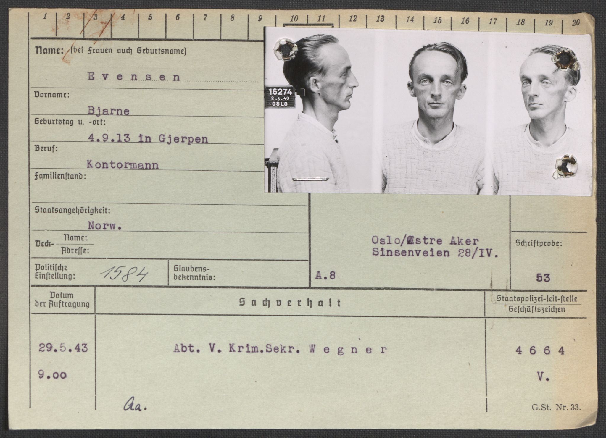 Befehlshaber der Sicherheitspolizei und des SD, RA/RAFA-5969/E/Ea/Eaa/L0003: Register over norske fanger i Møllergata 19: Eng-Hag, 1940-1945, s. 180