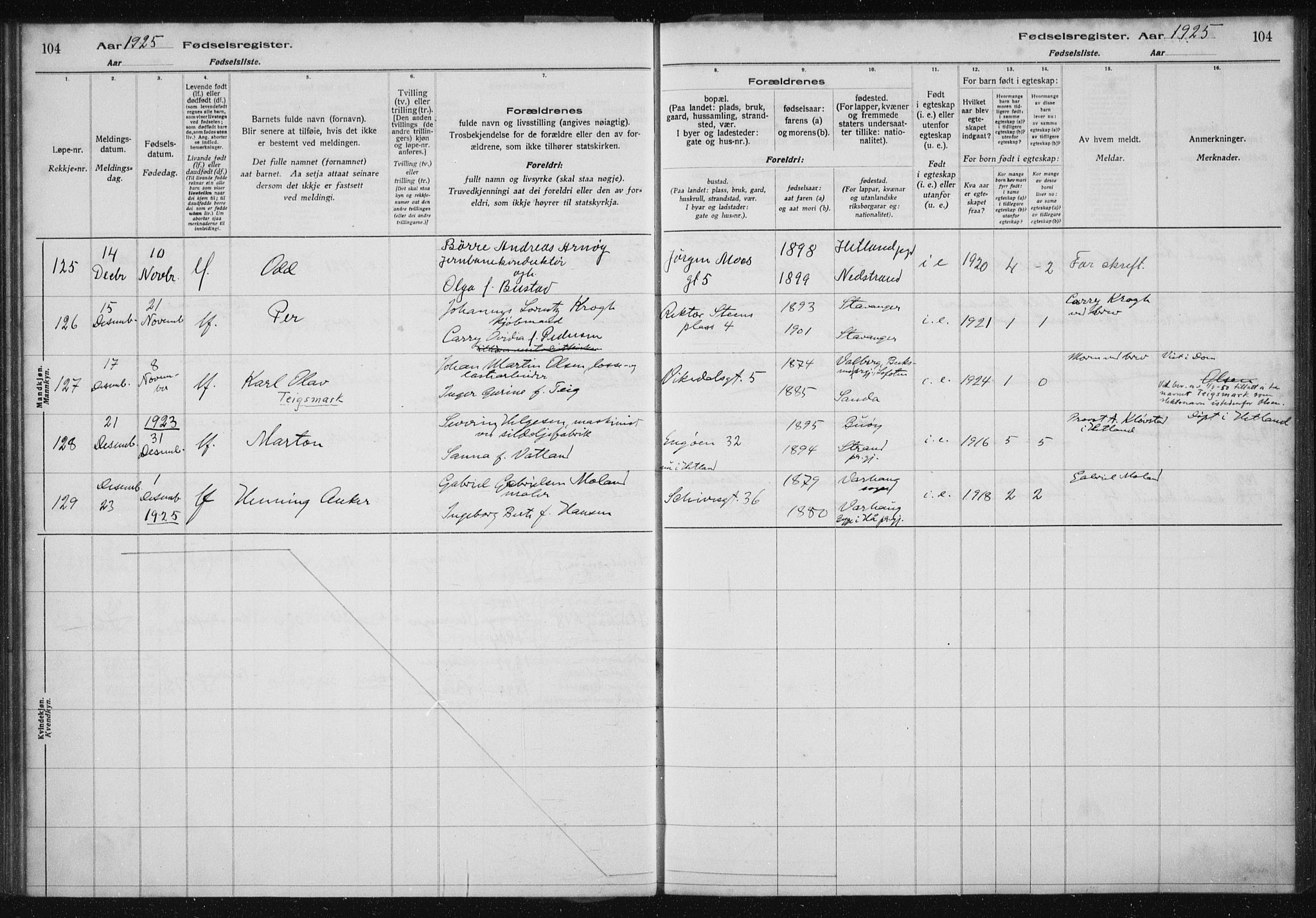 St. Petri sokneprestkontor, AV/SAST-A-101813/002/A/L0002: Fødselsregister nr. 2, 1922-1929, s. 104