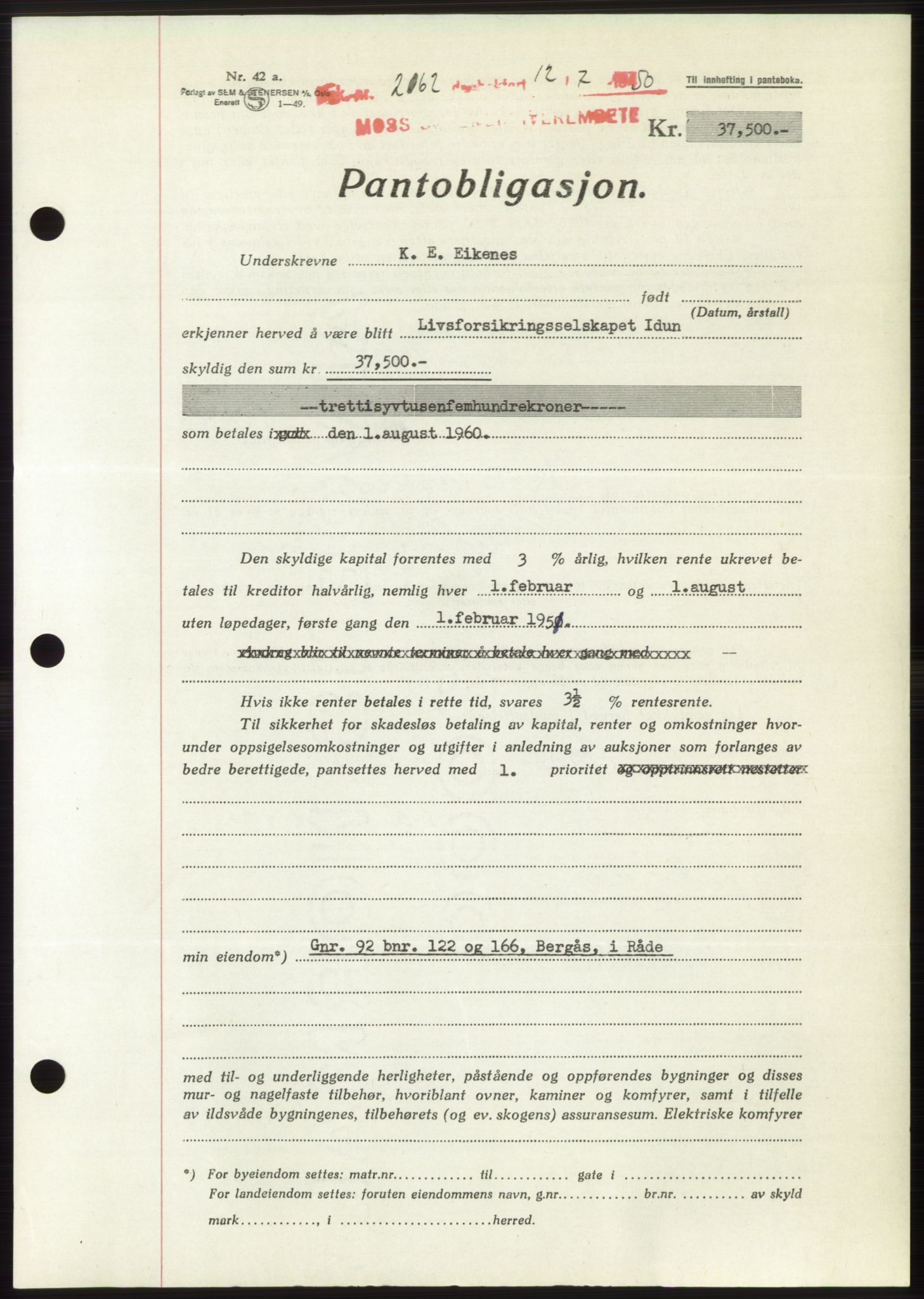 Moss sorenskriveri, AV/SAO-A-10168: Pantebok nr. B24, 1950-1950, Dagboknr: 2162/1950