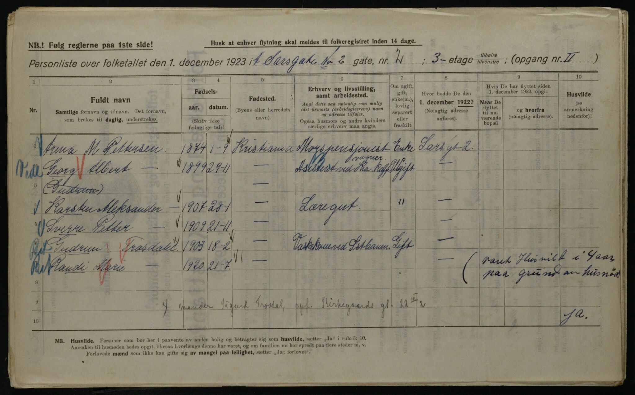 OBA, Kommunal folketelling 1.12.1923 for Kristiania, 1923, s. 99002