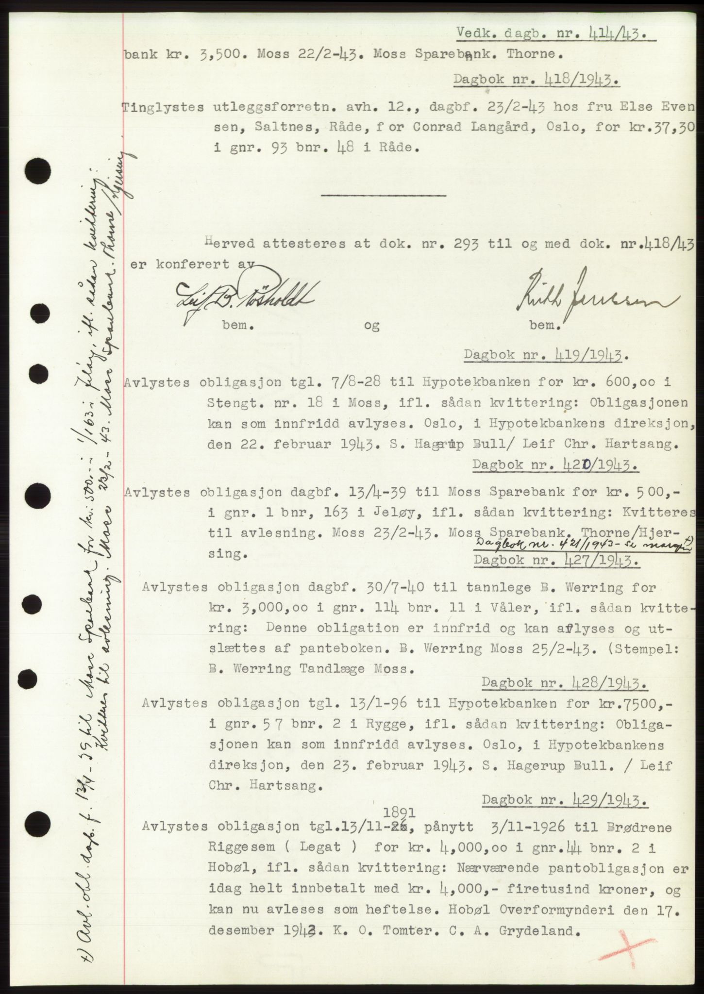 Moss sorenskriveri, SAO/A-10168: Pantebok nr. C10, 1938-1950, Dagboknr: 414/1943